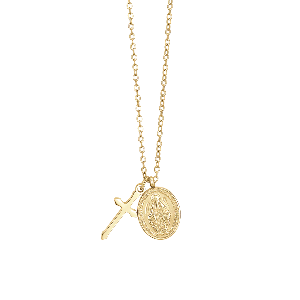 COLLANA DONNA IN ACCIAIO IP GOLD, MEDAGLIETTA CON MADONNINA MIRACOLOSA E CROCE