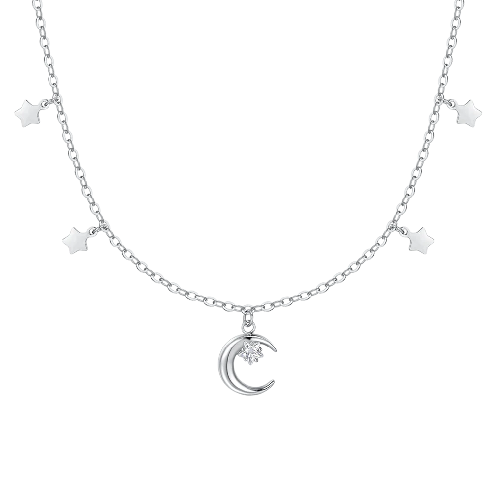 COLLANA DONNA IN ACCIAIO, LUNA CON ZIRCONE BIANCO E STELLE