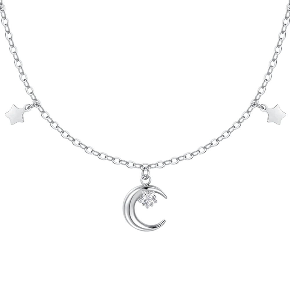 COLLANA DONNA IN ACCIAIO, LUNA CON ZIRCONE BIANCO E STELLE - Image 4