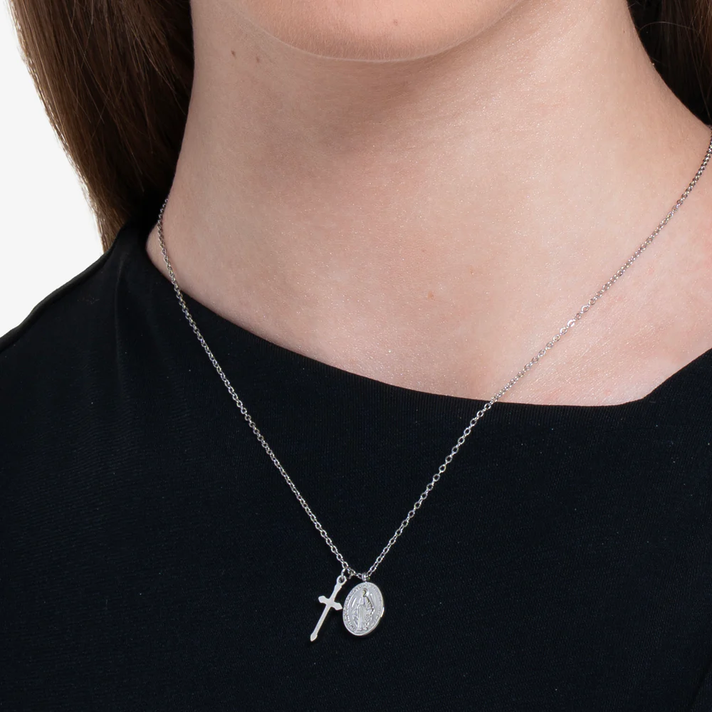 COLLANA DONNA IN ACCIAIO, MEDAGLIETTA CON MADONNINA MIRACOLOSA E CROCE - Image 2