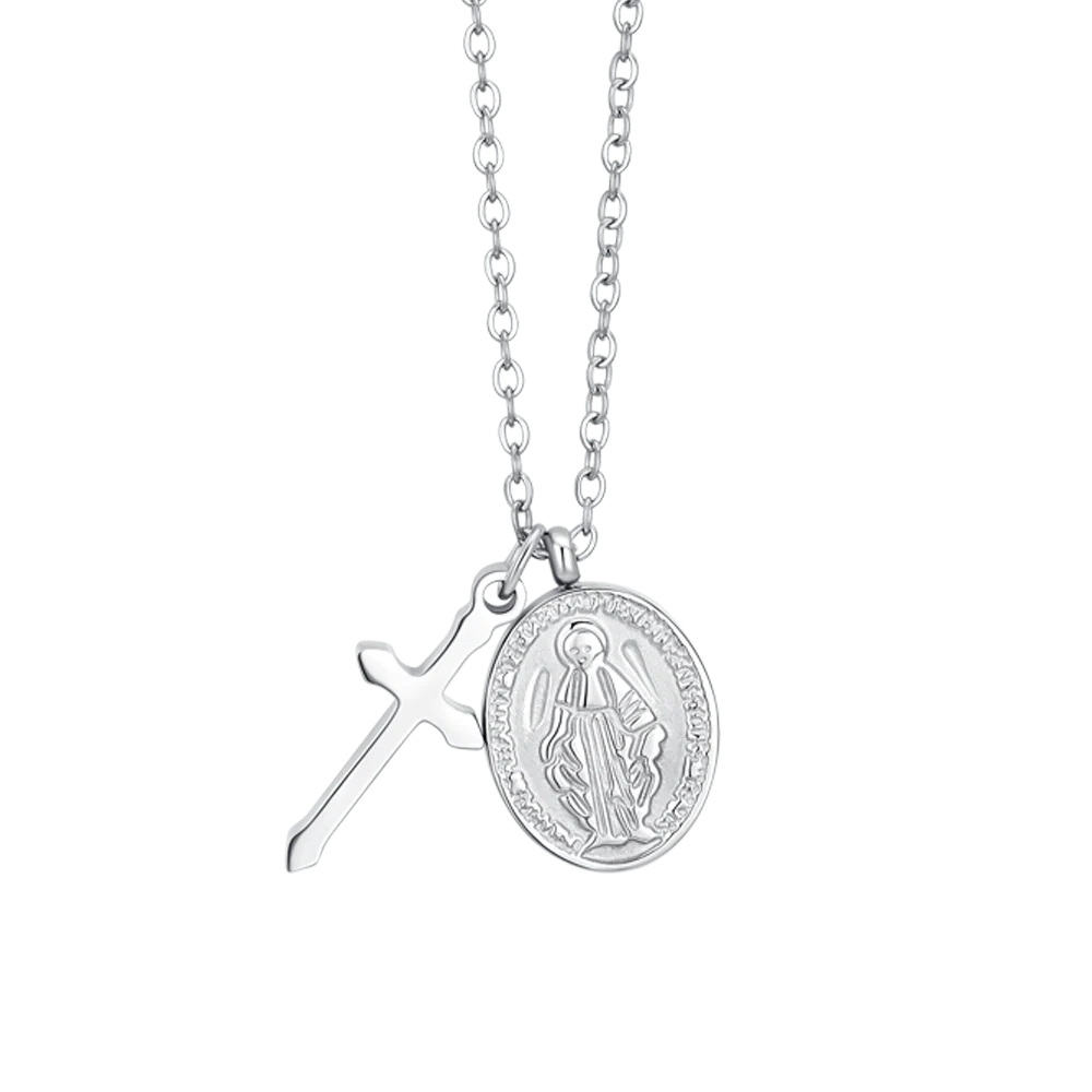 COLLANA DONNA IN ACCIAIO, MEDAGLIETTA CON MADONNINA MIRACOLOSA E CROCE - Image 4