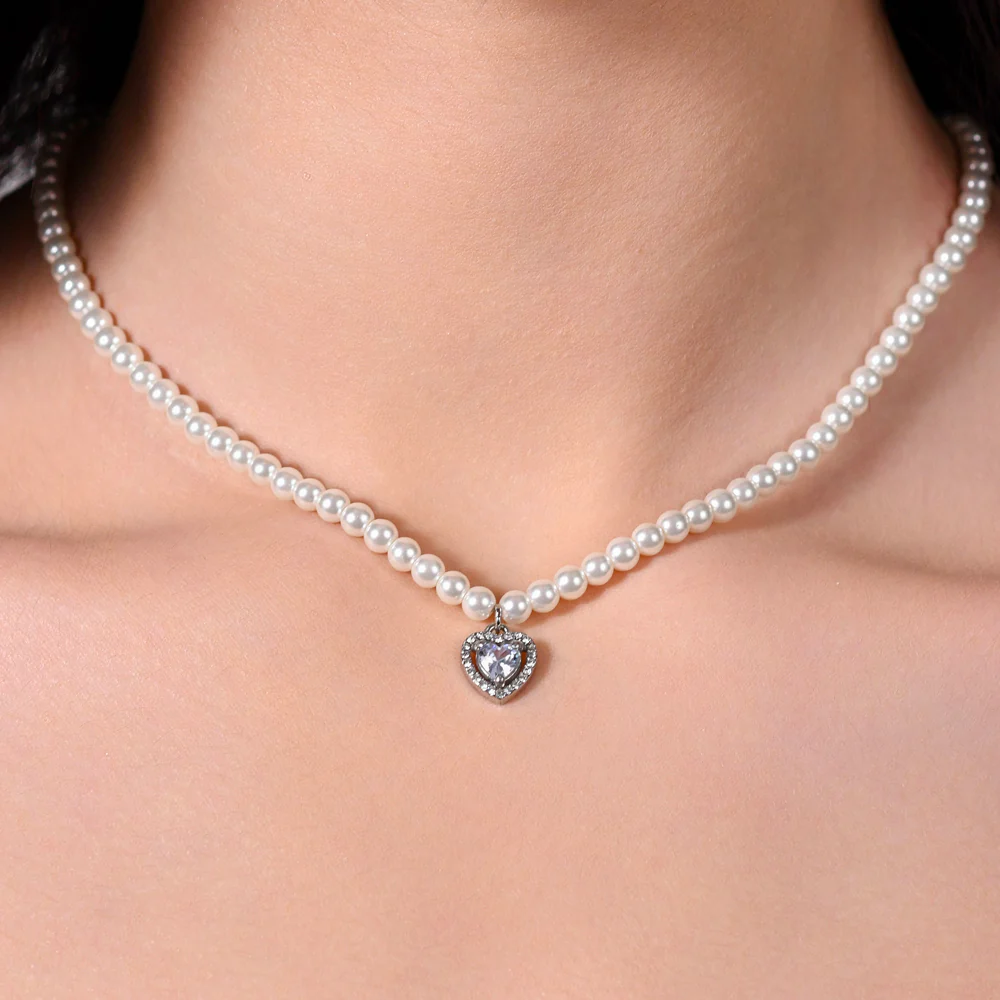 COLLANA DONNA IN ACCIAIO PERLE E CUORE ZIRCONE BIANCO - Image 2