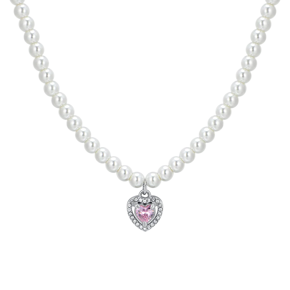 COLLANA DONNA IN ACCIAIO PERLE E CUORE ZIRCONE ROSA