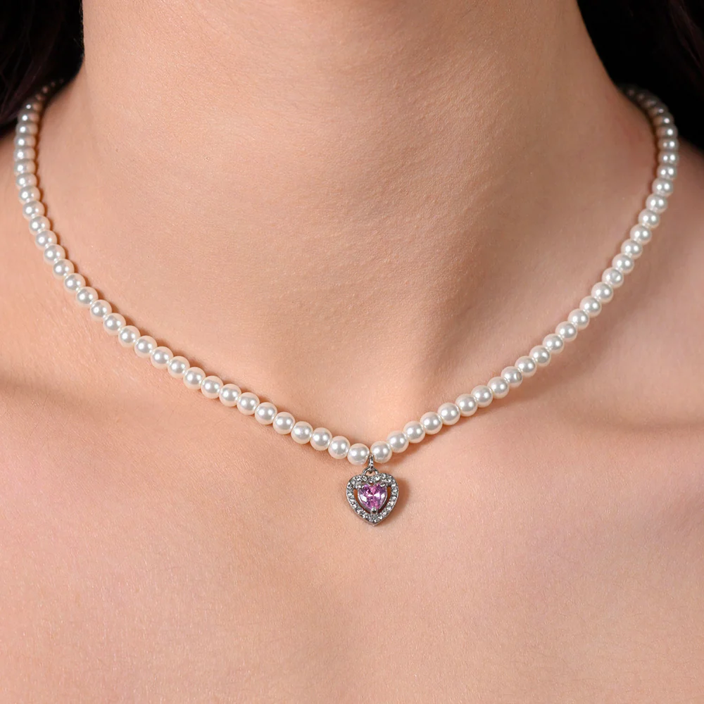 COLLANA DONNA IN ACCIAIO PERLE E CUORE ZIRCONE ROSA - Image 2