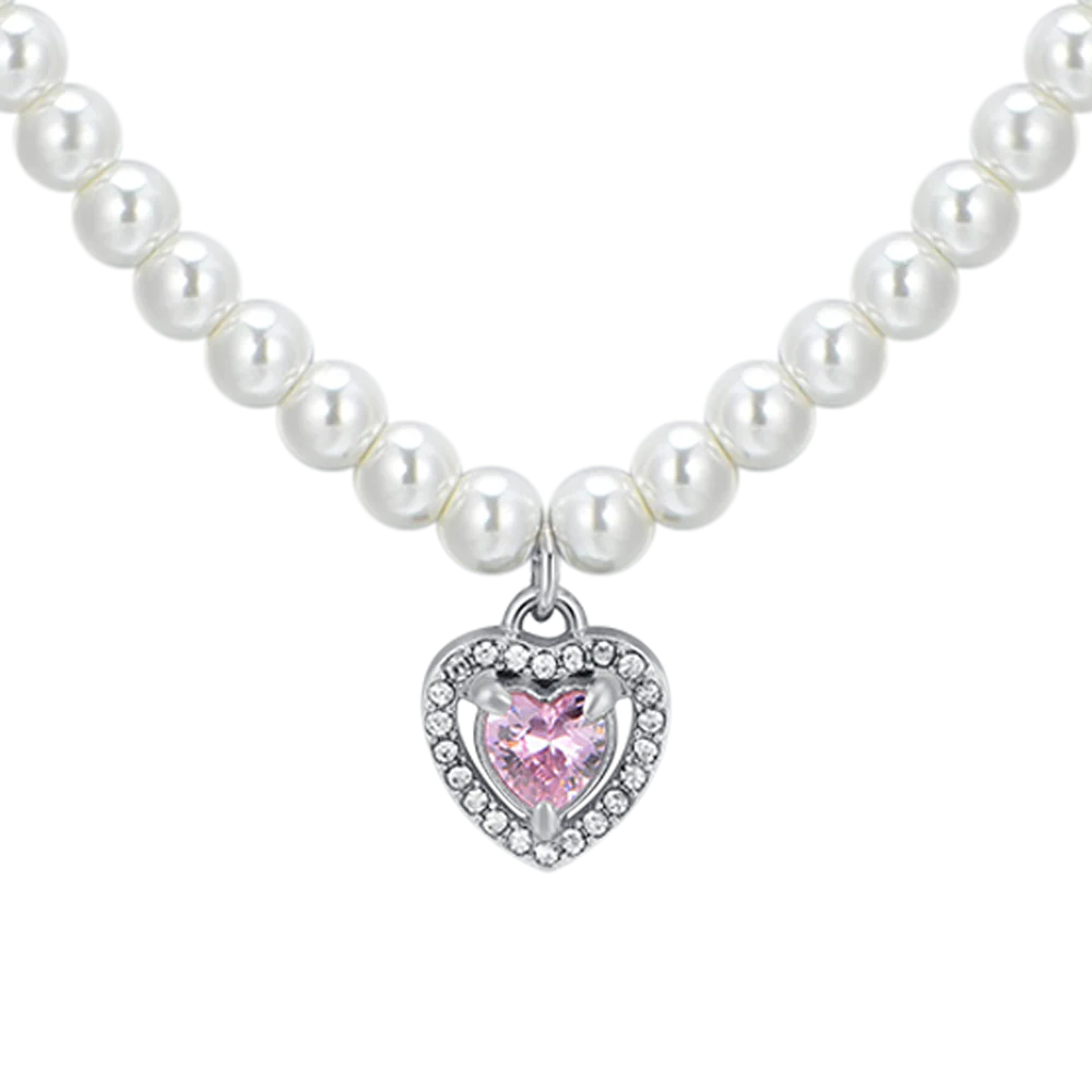 COLLANA DONNA IN ACCIAIO PERLE E CUORE ZIRCONE ROSA - Image 4