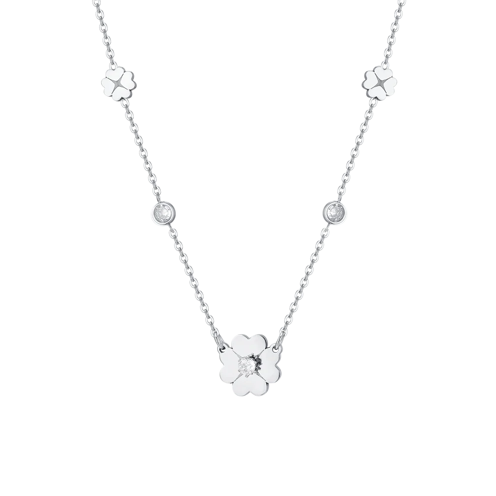 COLLANA DONNA IN ACCIAIO QUADRIFOGLI E ZIRCONI