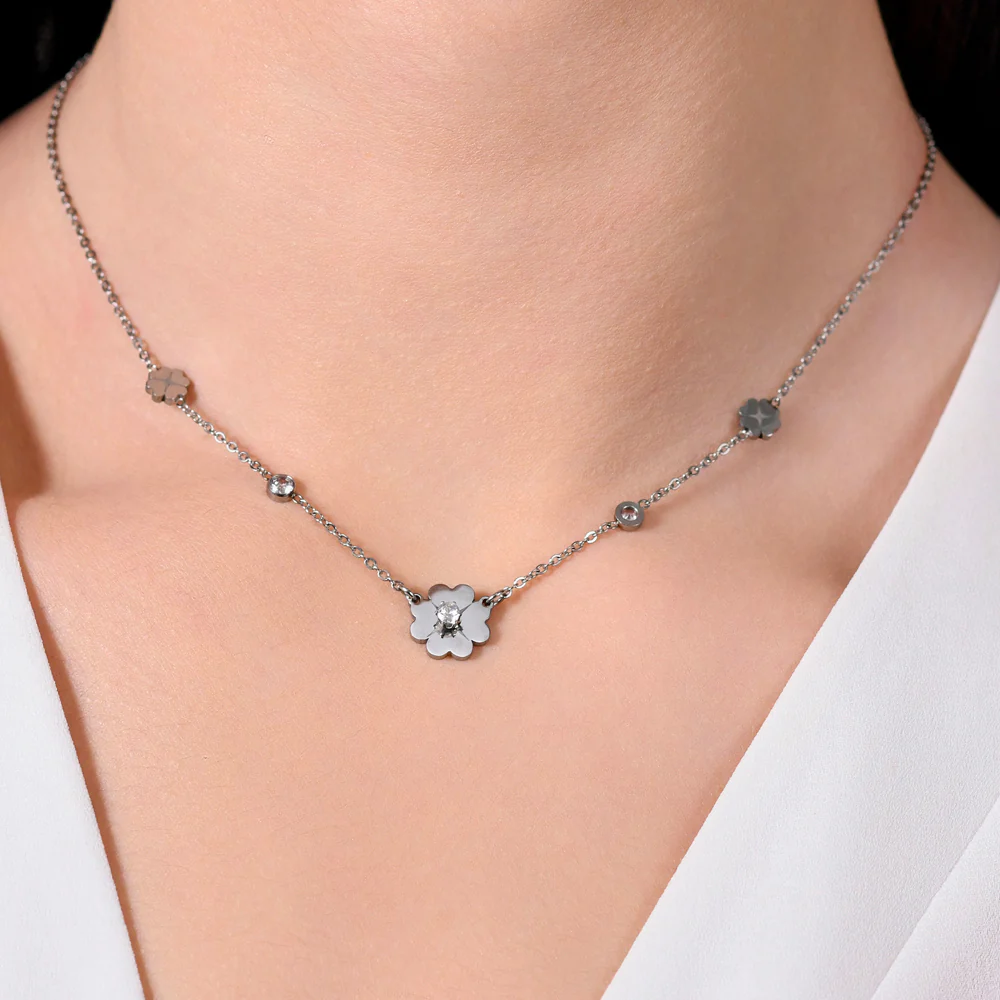 COLLANA DONNA IN ACCIAIO QUADRIFOGLI E ZIRCONI - Image 2