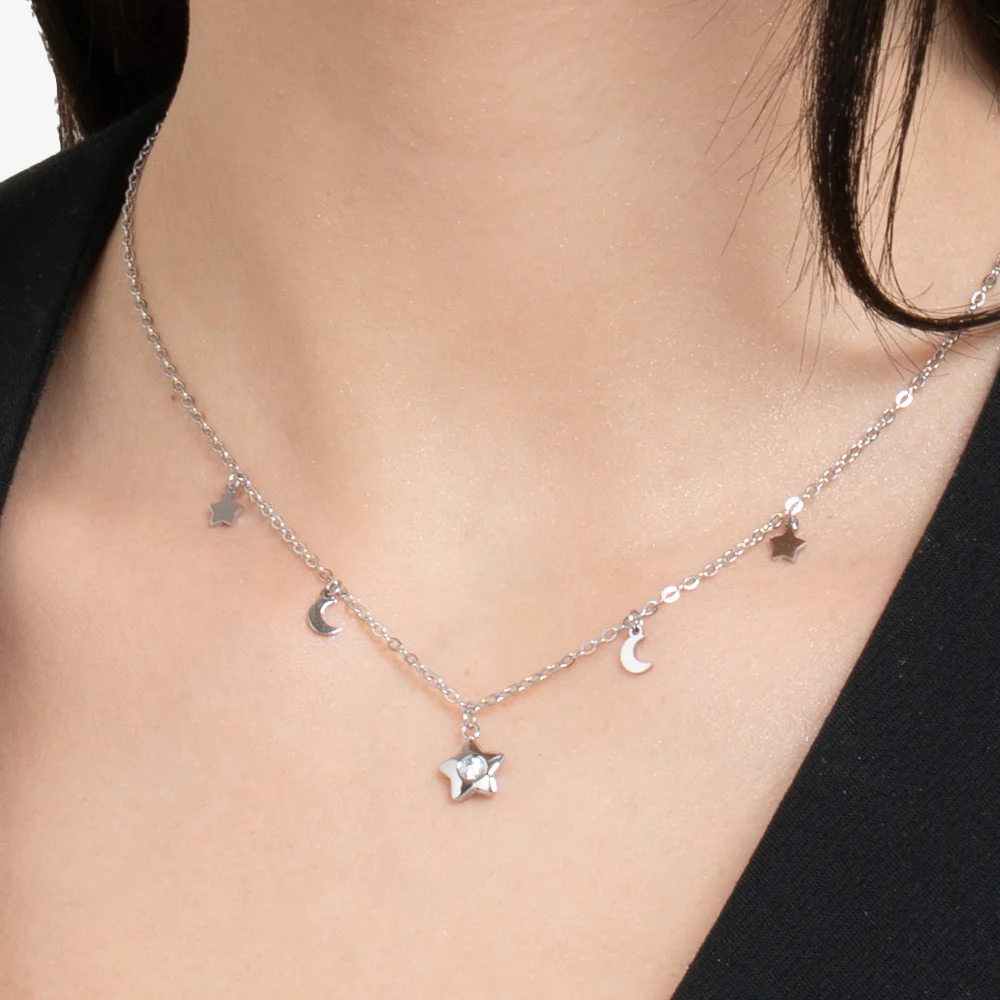 COLLANA DONNA IN ACCIAIO, STELLA CON ZIRCONE BIANCO, LUNE E STELLE - Image 2