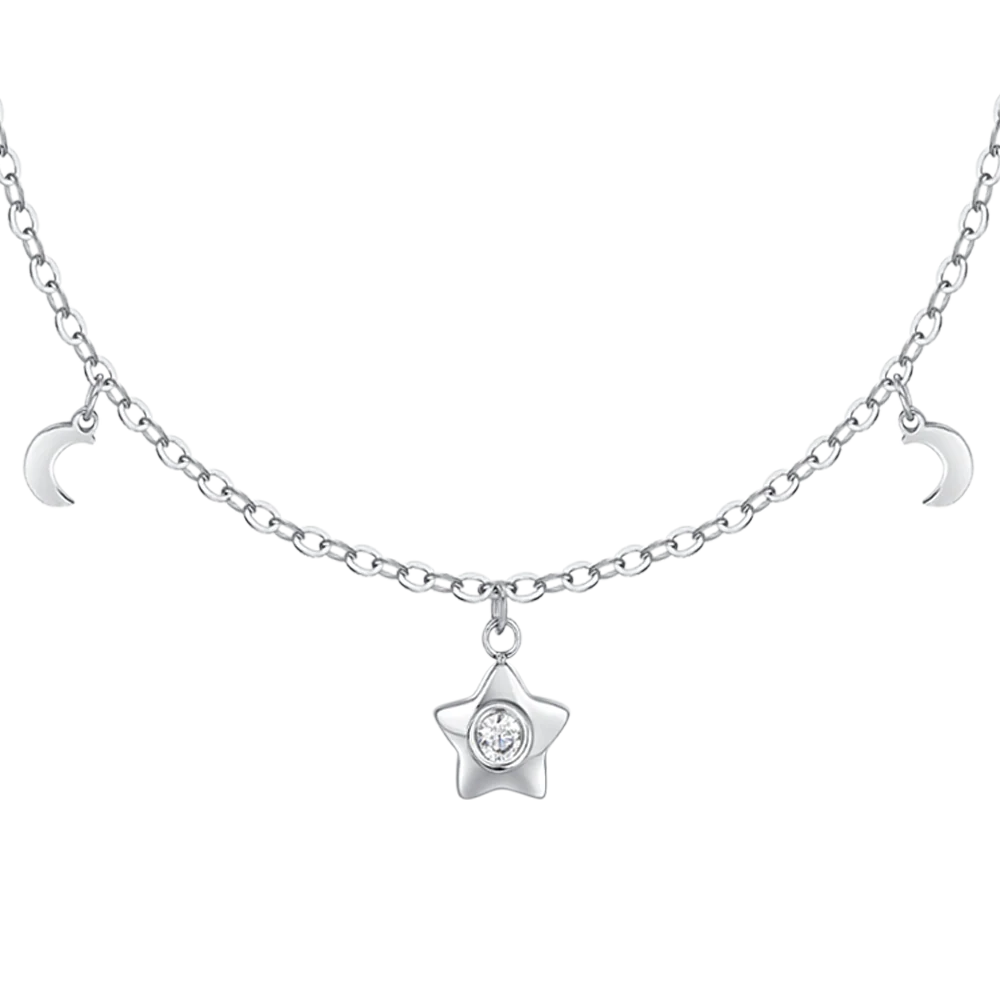 COLLANA DONNA IN ACCIAIO, STELLA CON ZIRCONE BIANCO, LUNE E STELLE - Image 4