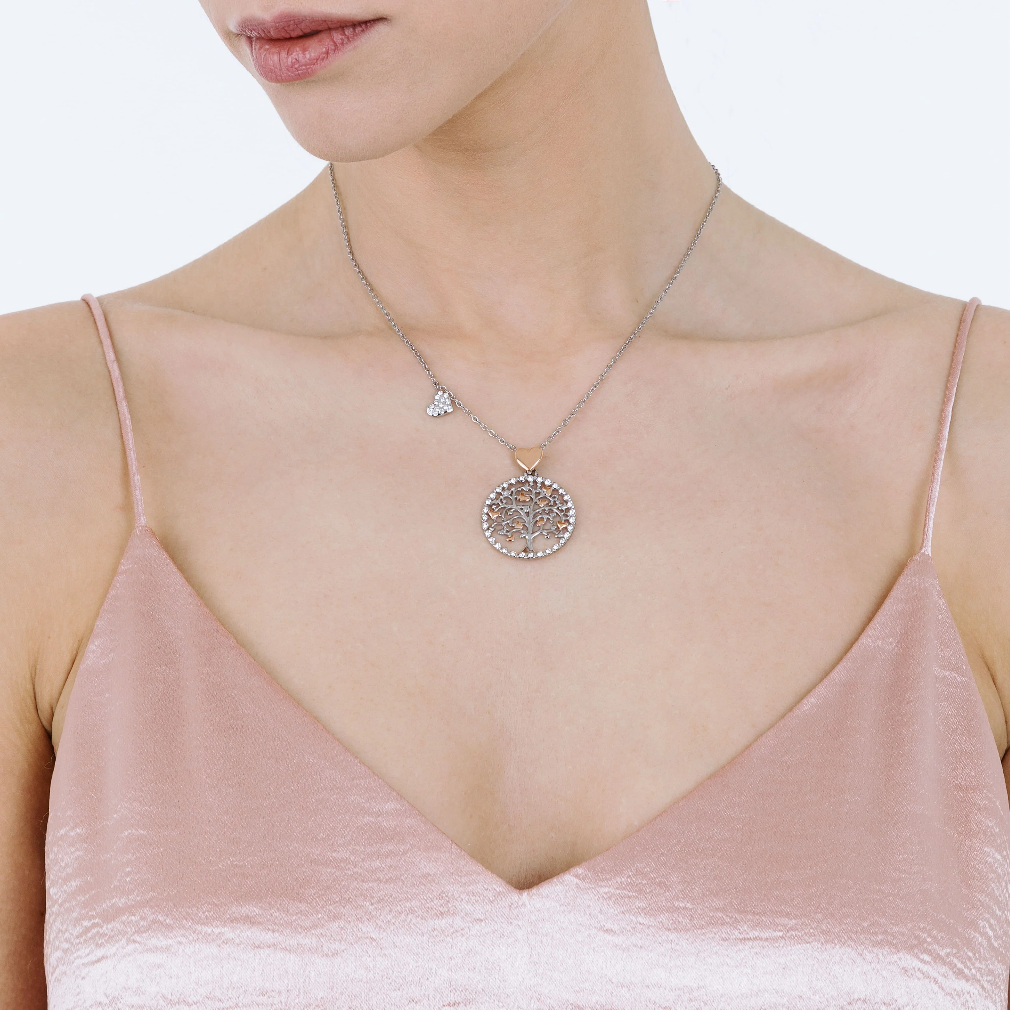 COLLANA DONNA IN ACCIAIO, ALBERO DELLA VITA CON CUORI ROSE' - Image 3