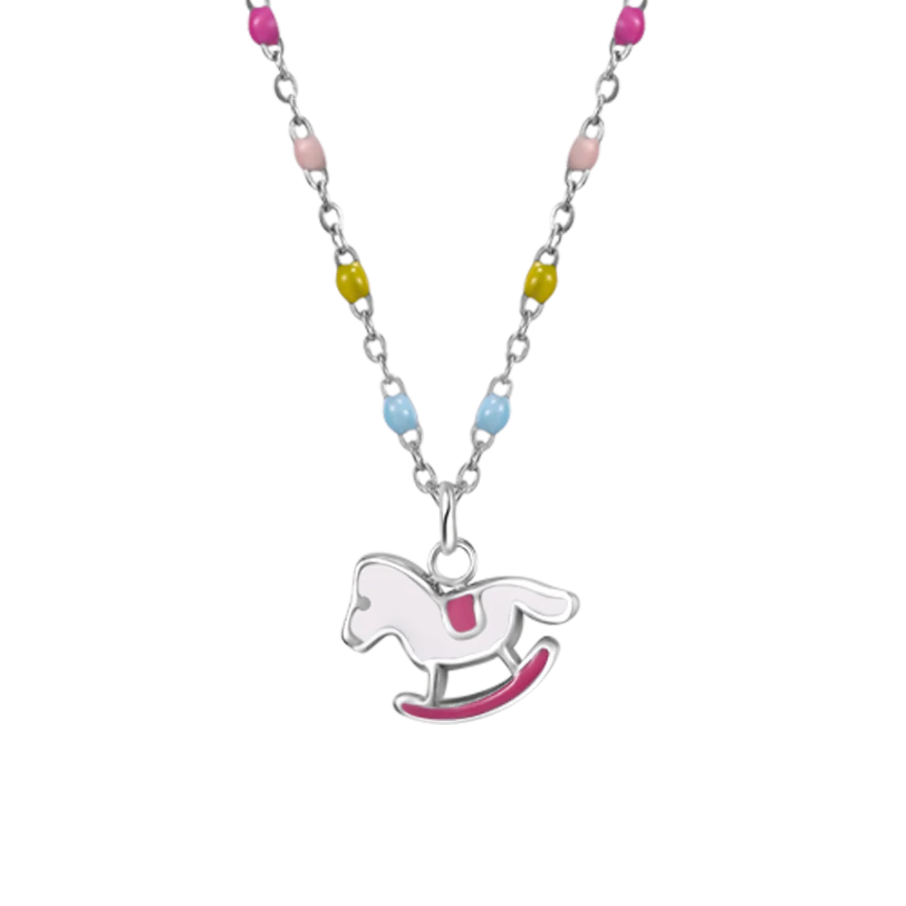 COLLANA IN ACCIAIO, CAVALLO A DONDOLO CON SMALTO ROSA E FUCSIA E PIETRE COLORATE - Image 2