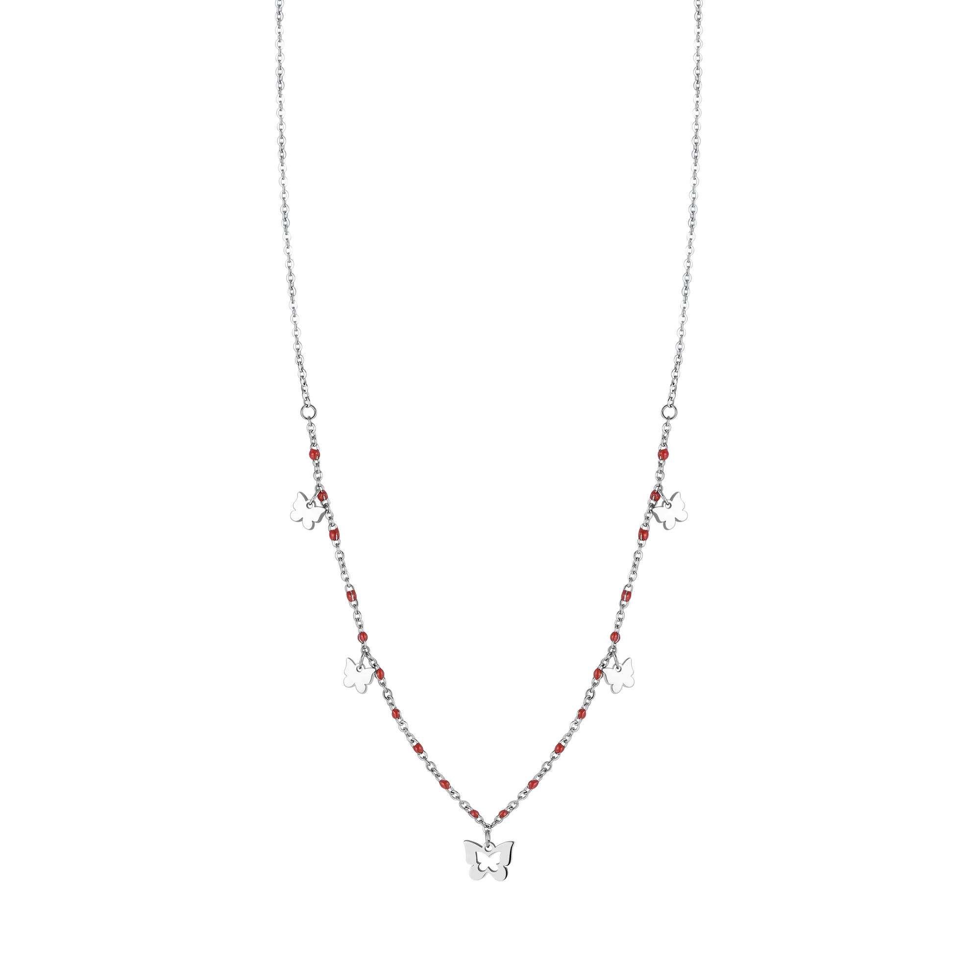 COLLANA IN ACCIAIO CON FARFALLE E PIETRE ROSSE