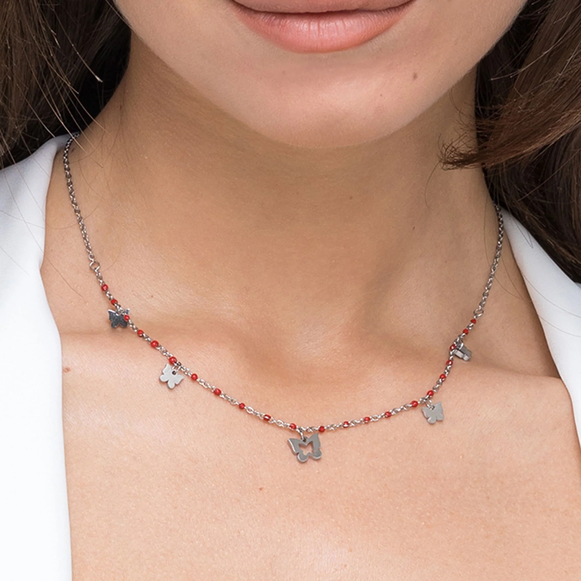 COLLANA IN ACCIAIO CON FARFALLE E PIETRE ROSSE - Image 2