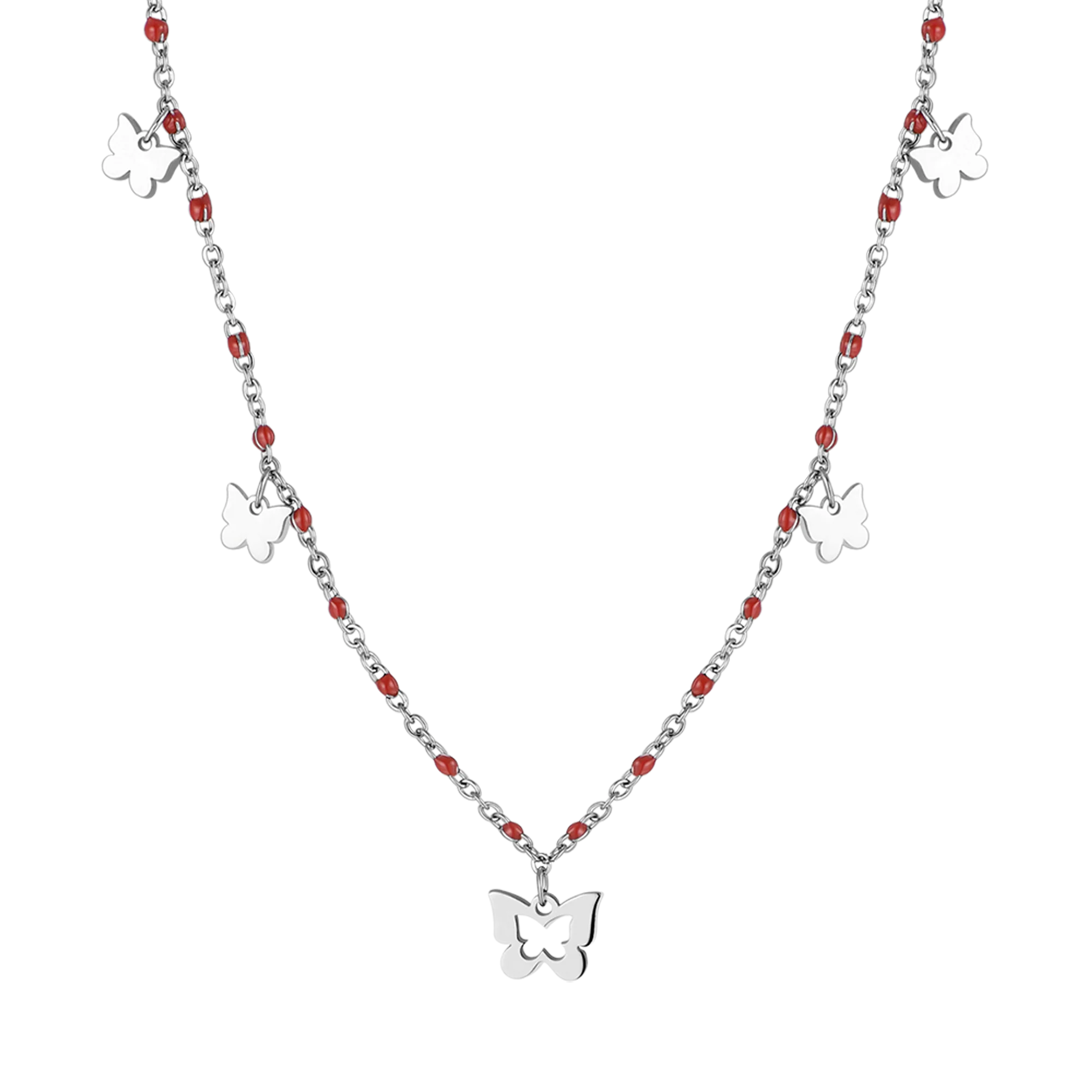 COLLANA IN ACCIAIO CON FARFALLE E PIETRE ROSSE - Image 4