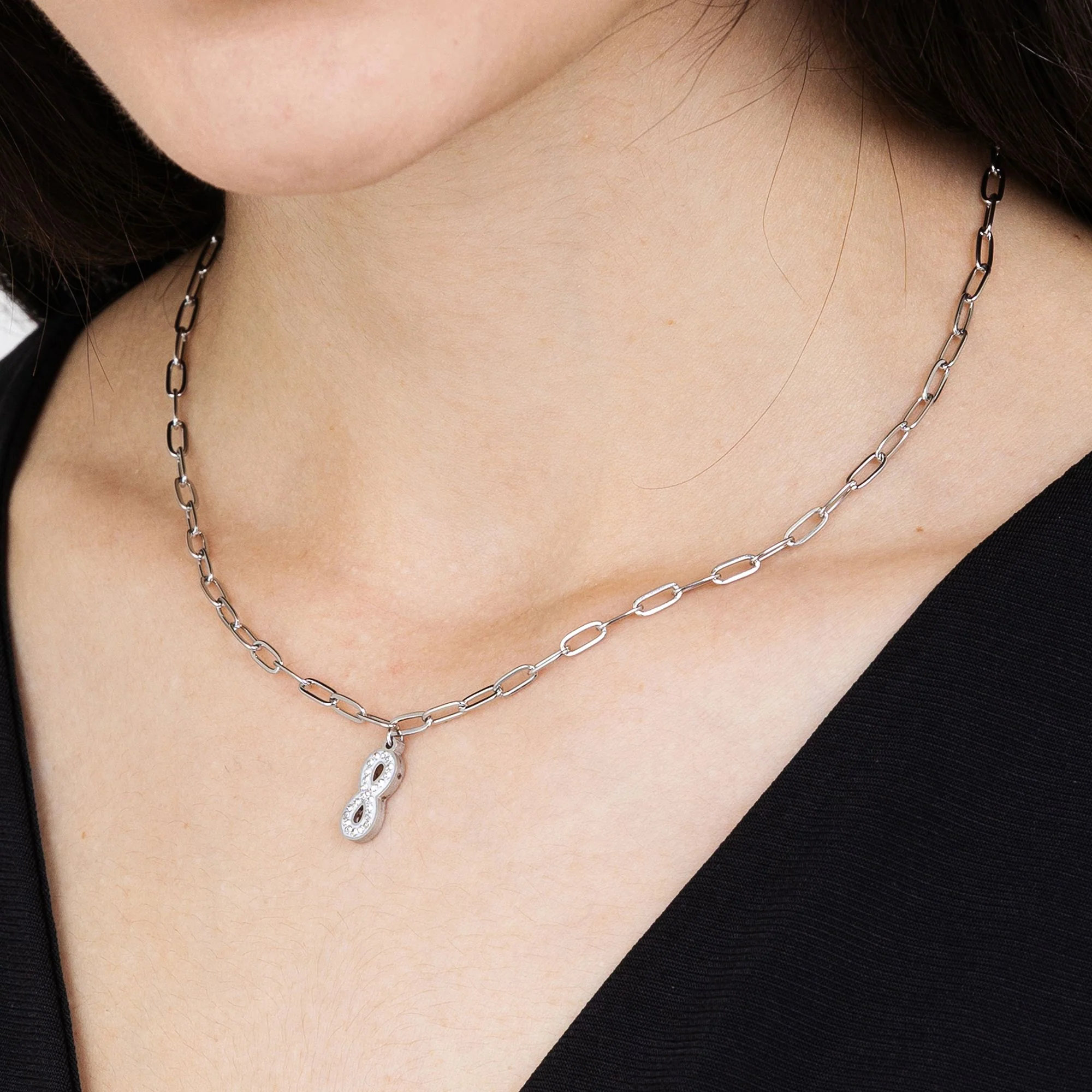 COLLANA DONNA IN ACCIAIO CON INFINITO E CRISTALLI BIANCHI E MAGLIA CATENA - Image 2