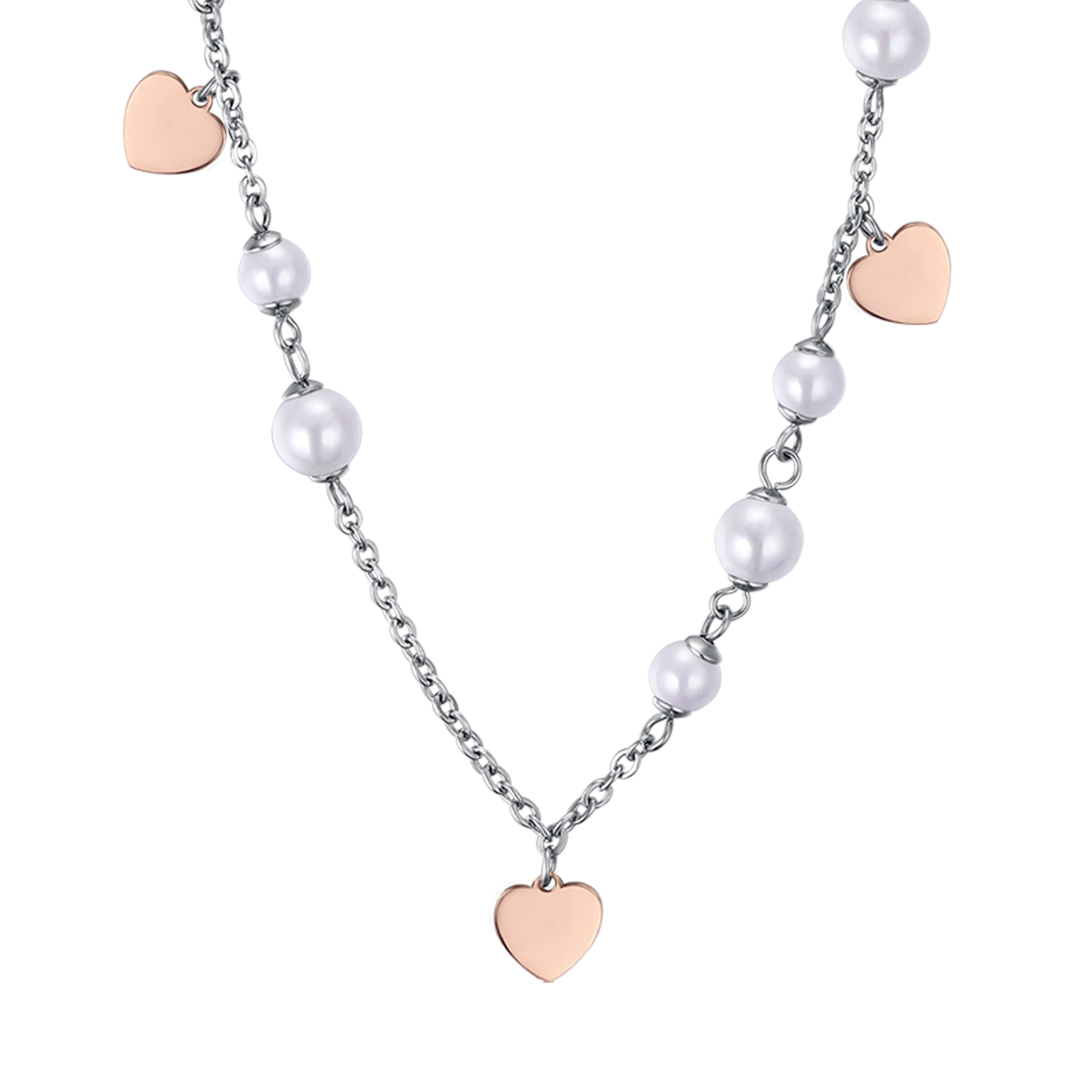 COLLANA IN ACCIAIO CON PERLE BIANCHE E CUORI IP ROSE - Image 2