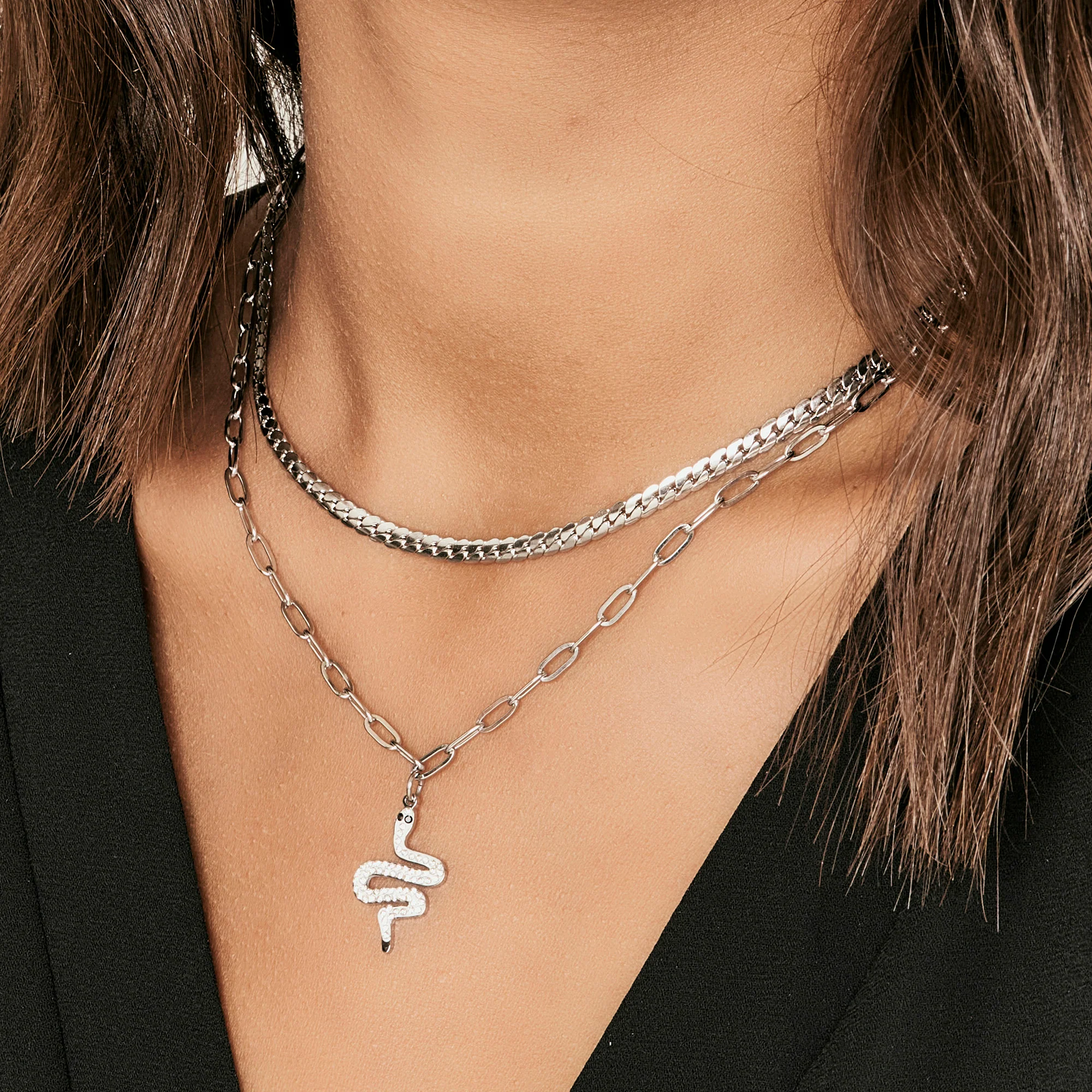 COLLANA DONNA LUNGA IN ACCIAIO CON SERPENTE CON CRISTALLI BIANCHI - Image 2