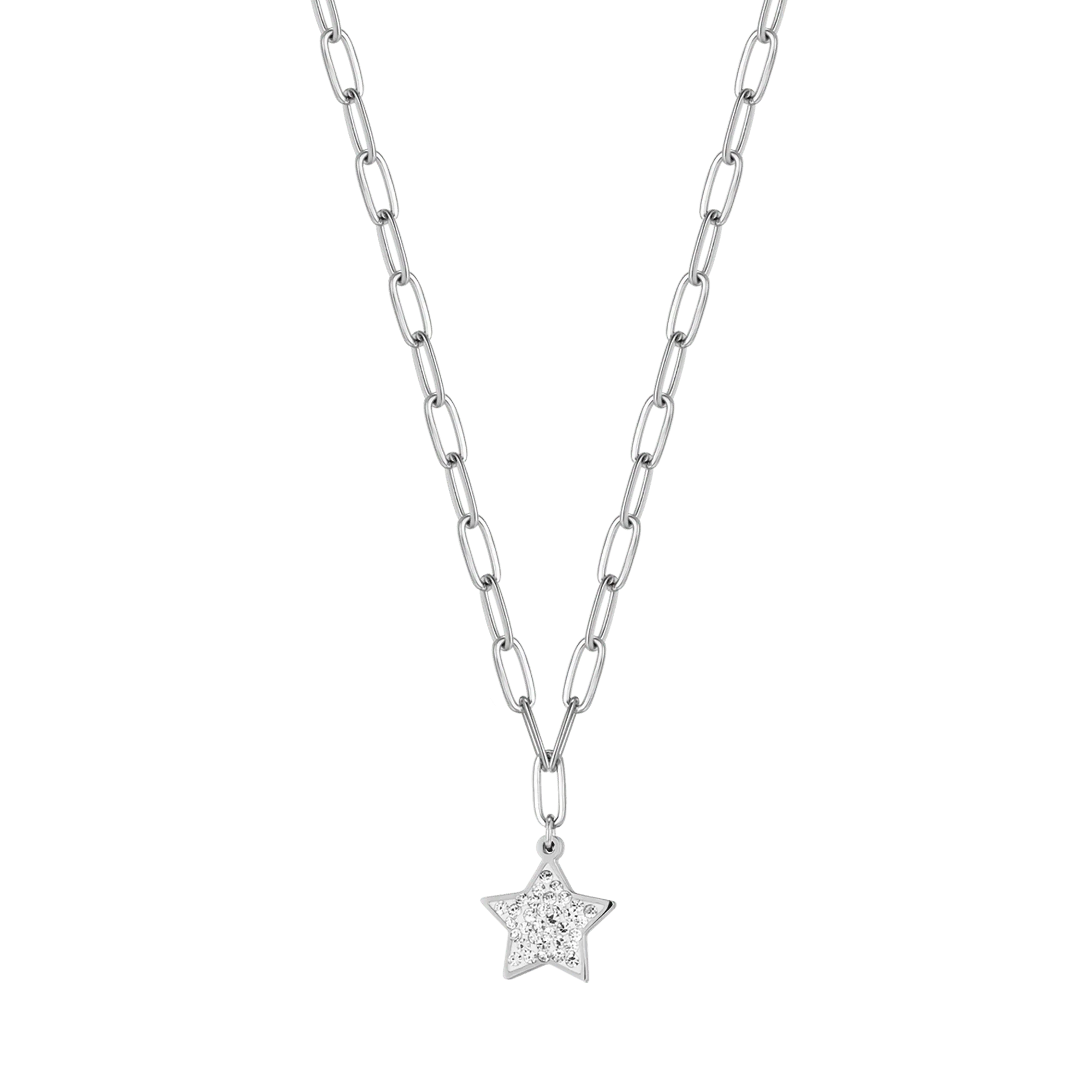 COLLANA DONNA IN ACCIAIO CON STELLA E CRISTALLI BIANCHI E MAGLIA CATENA