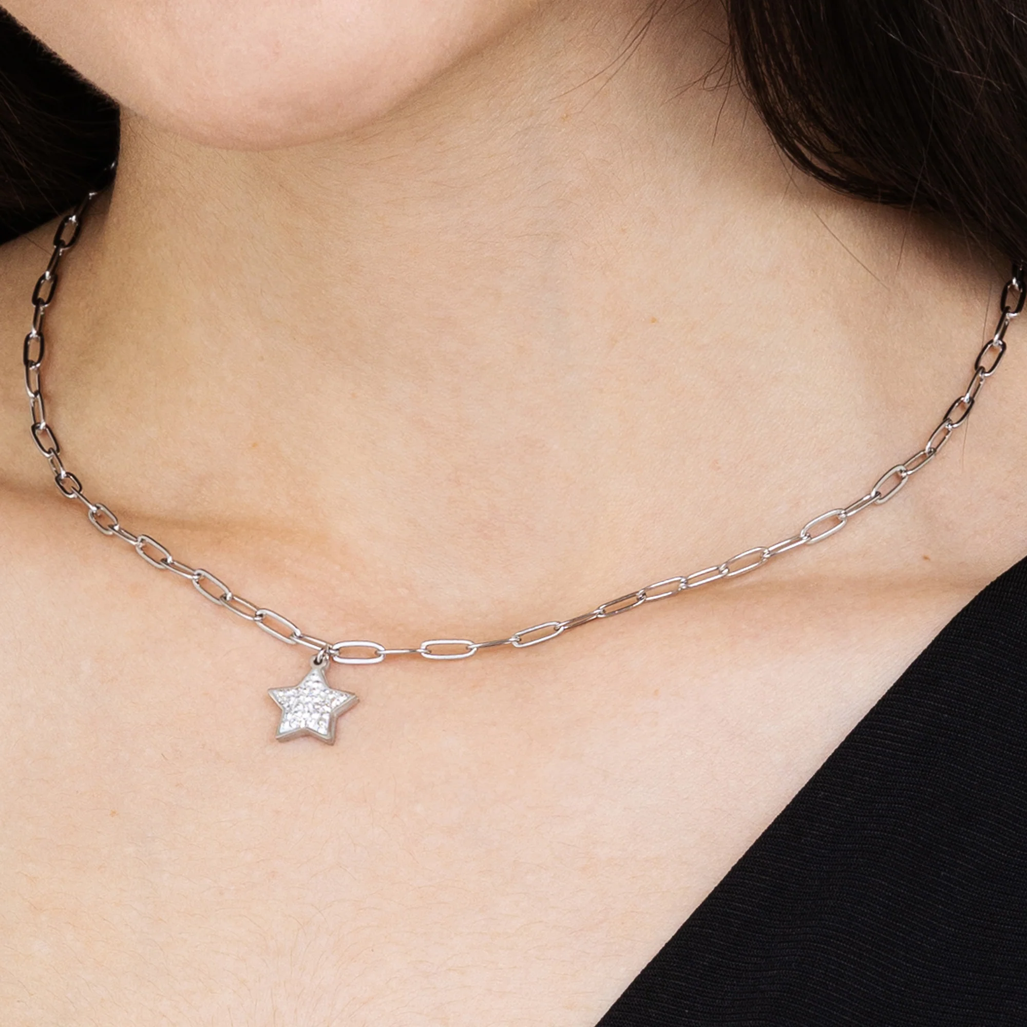 COLLANA DONNA IN ACCIAIO CON STELLA E CRISTALLI BIANCHI E MAGLIA CATENA - Image 2
