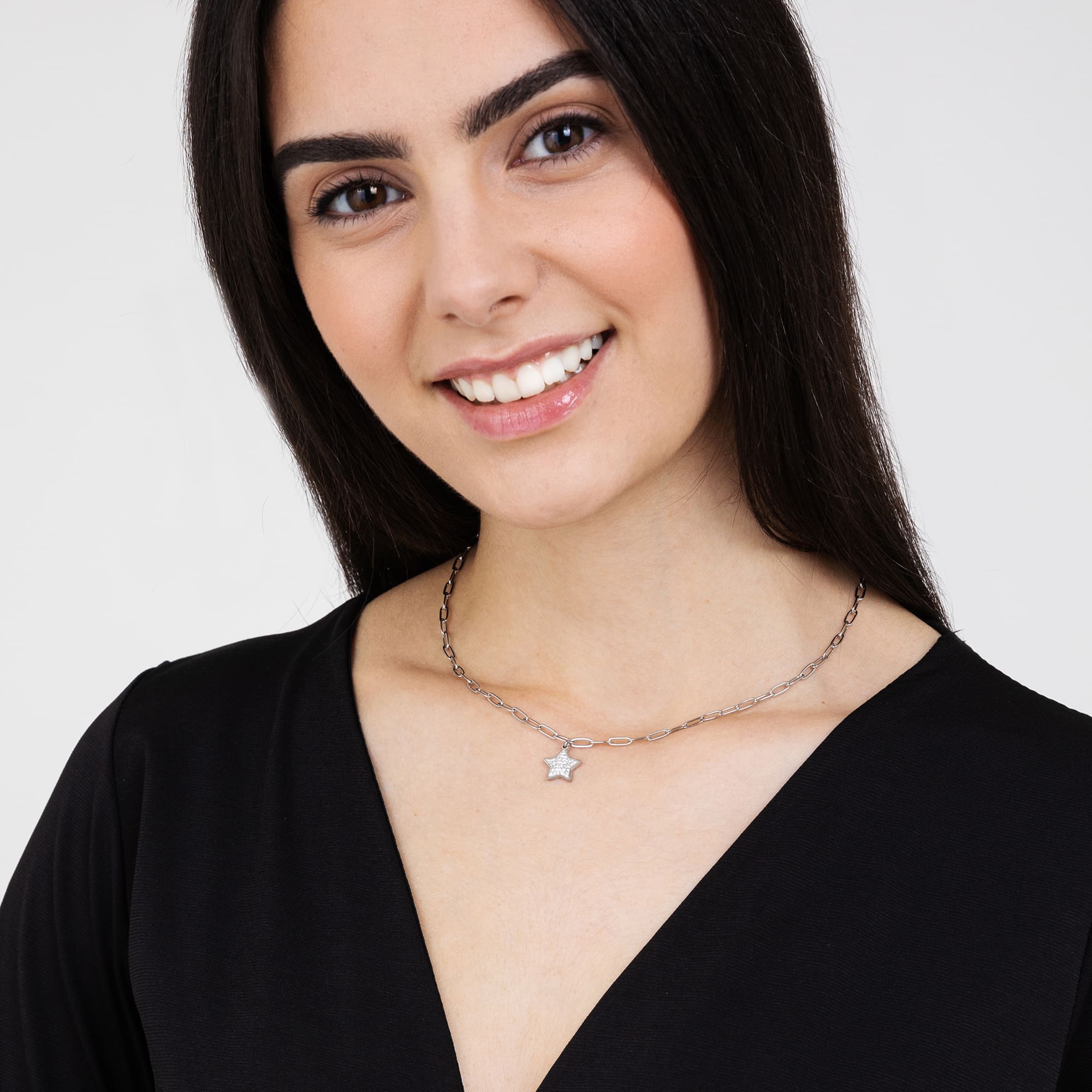 COLLANA DONNA IN ACCIAIO CON STELLA E CRISTALLI BIANCHI E MAGLIA CATENA - Image 3