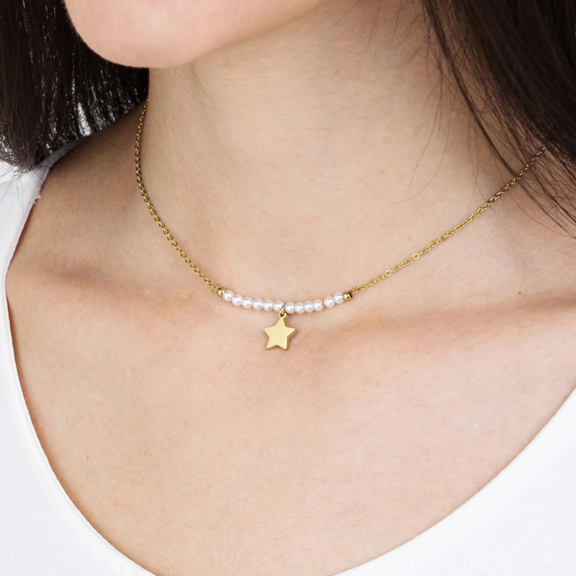 COLLANA DONNA IN ACCIAIO IP GOLD CON STELLA E PERLE BIANCHE - Image 7