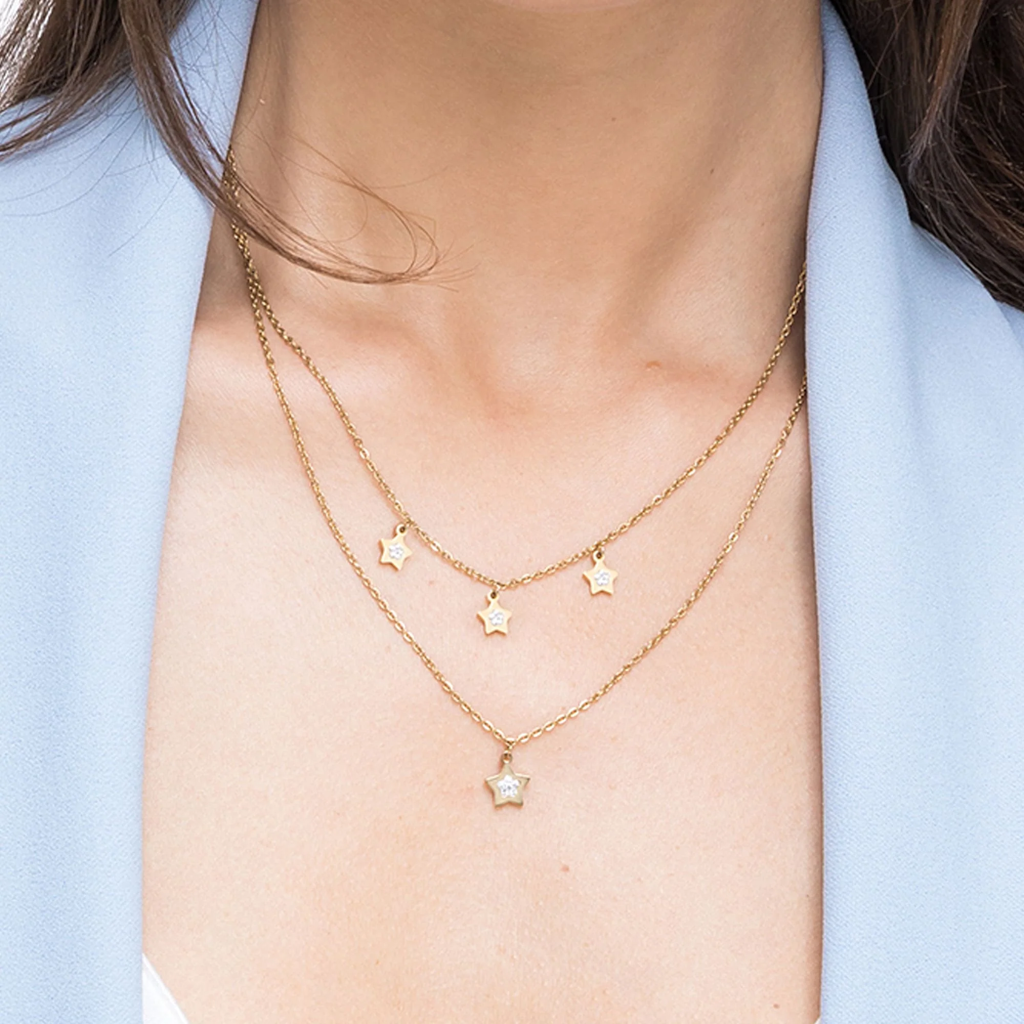 COLLANA DONNA IN ACCIAIO IP GOLD CON STELLE E CRISTALLI BIANCHI - Image 2