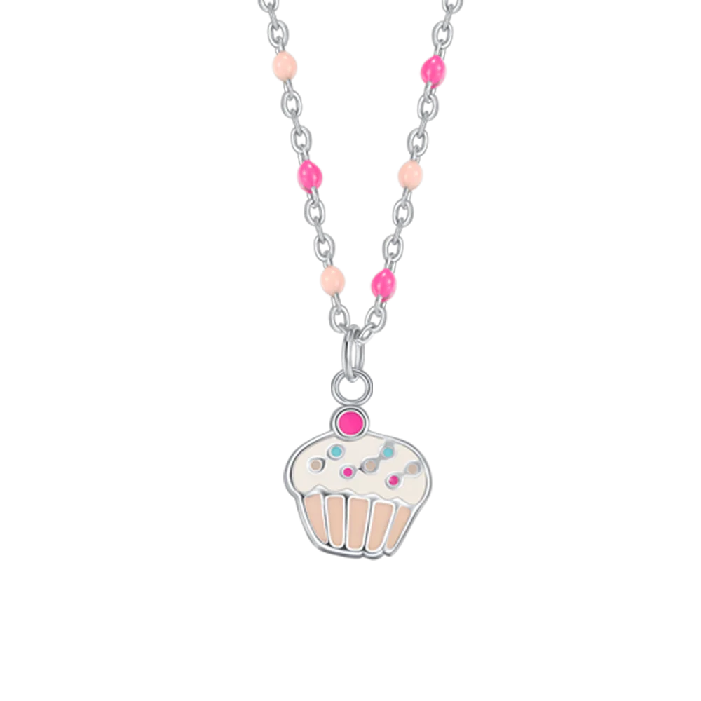 COLLANA IN ACCIAIO, CUPCAKE CON SMALTO ROSA E FUCSIA E PIETRE COLORATE - Image 2