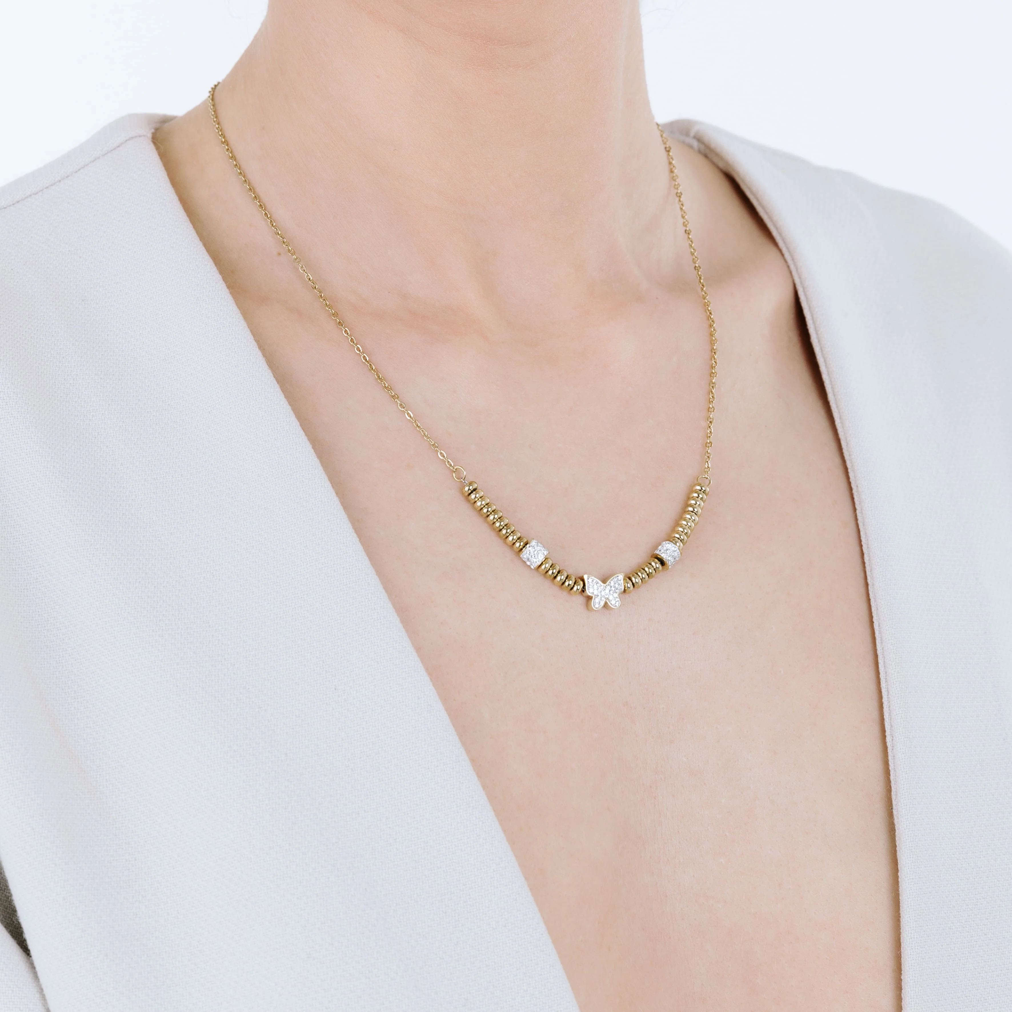 COLLANA IN ACCIAIO IP GOLD CON FARFALLA CON CRISTALLI BIANCHI - Image 3