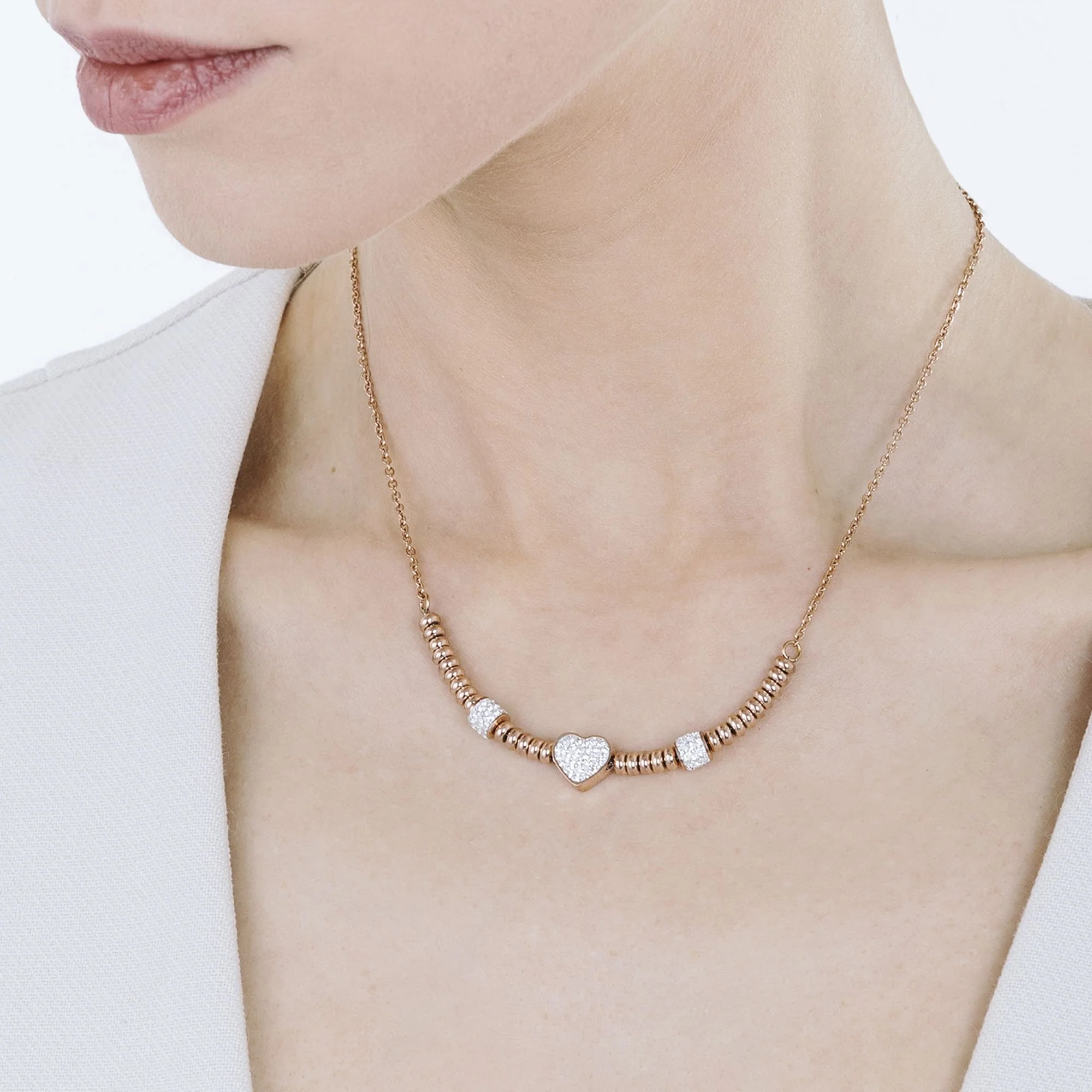 COLLANA IN ACCIAIO IP ROSE CON CUORE CON CRISTALLI BIANCHI - Image 2