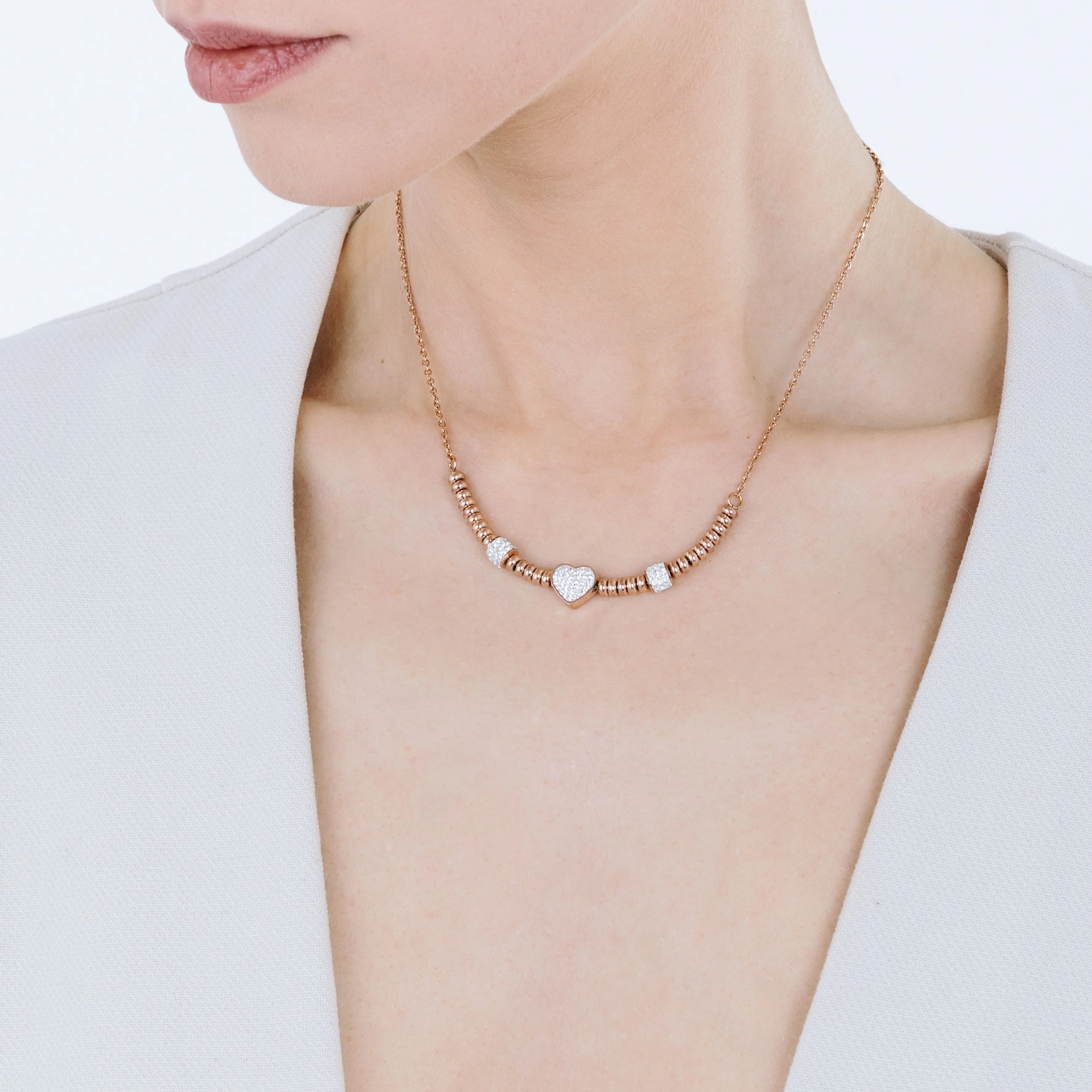 COLLANA IN ACCIAIO IP ROSE CON CUORE CON CRISTALLI BIANCHI - Image 3