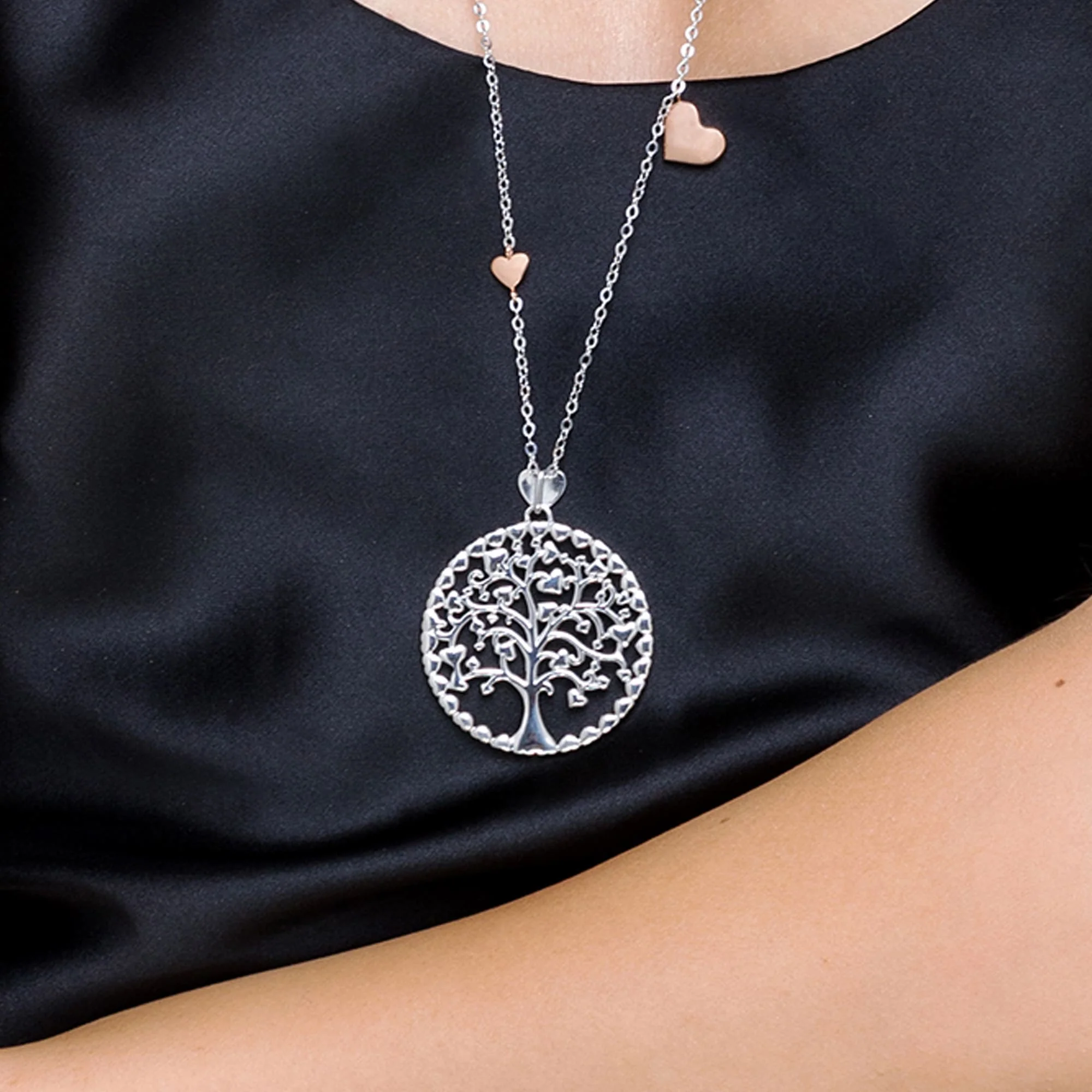 COLLANA DONNA LUNGA IN ACCIAIO ALBERO DELLA VITA CON ELEMENTI IN ROSE' - Image 2
