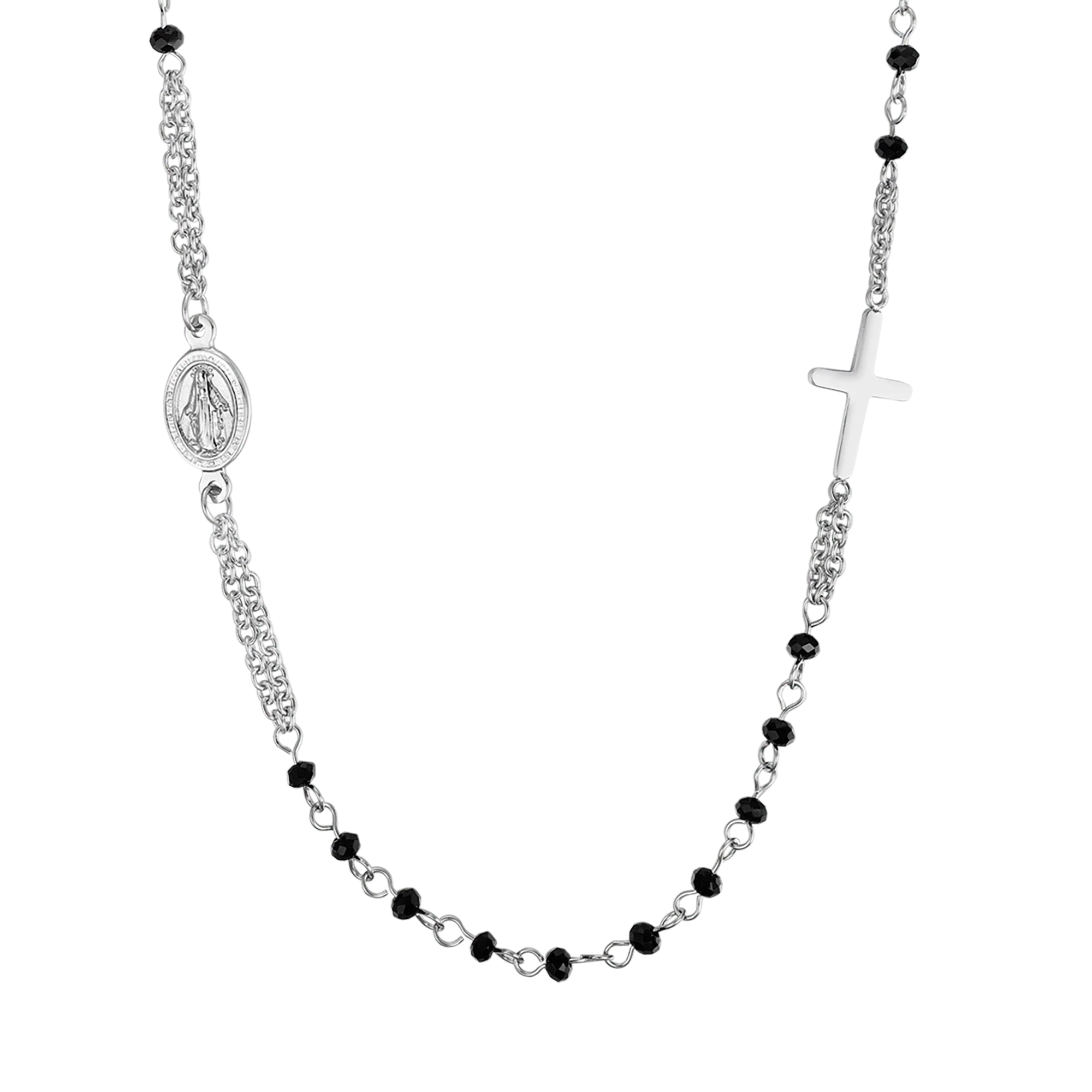 COLLANA DONNA ROSARIO IN ACCIAIO CON CRISTALLI NERI