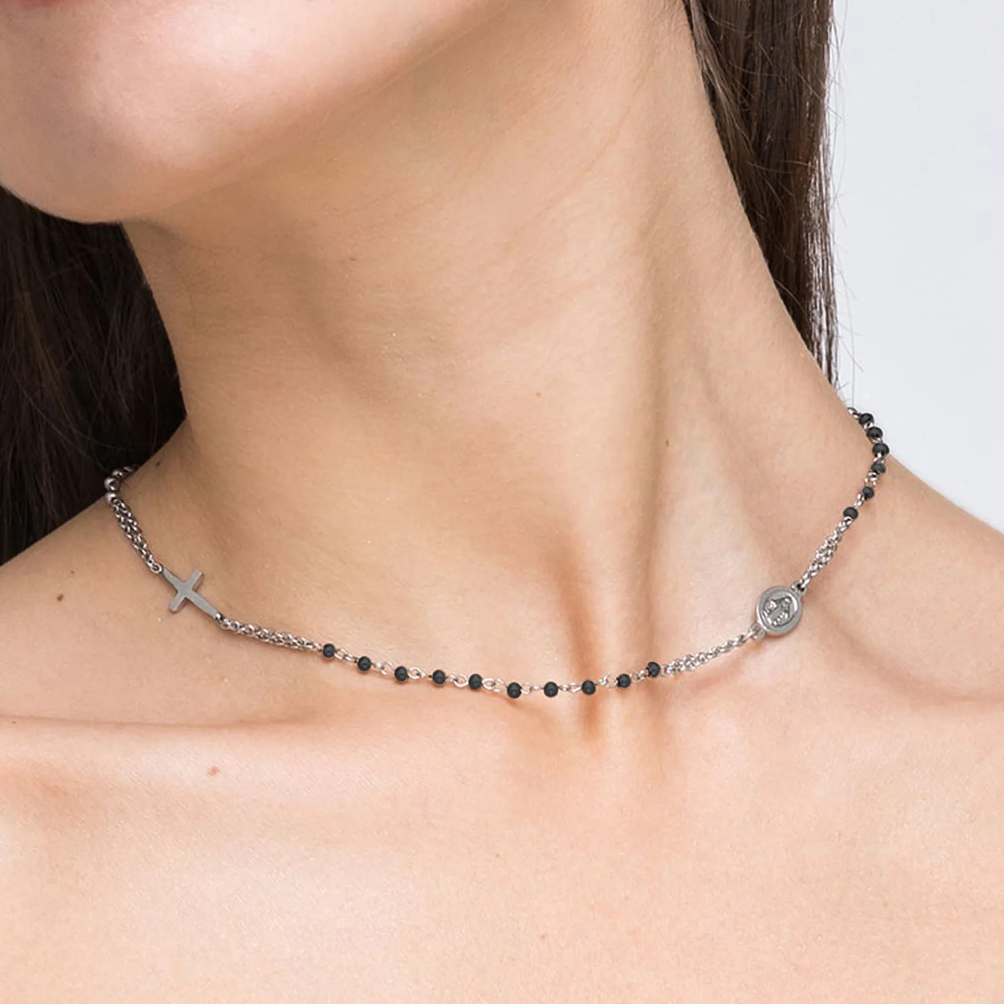 COLLANA DONNA ROSARIO IN ACCIAIO CON CRISTALLI NERI - Image 2