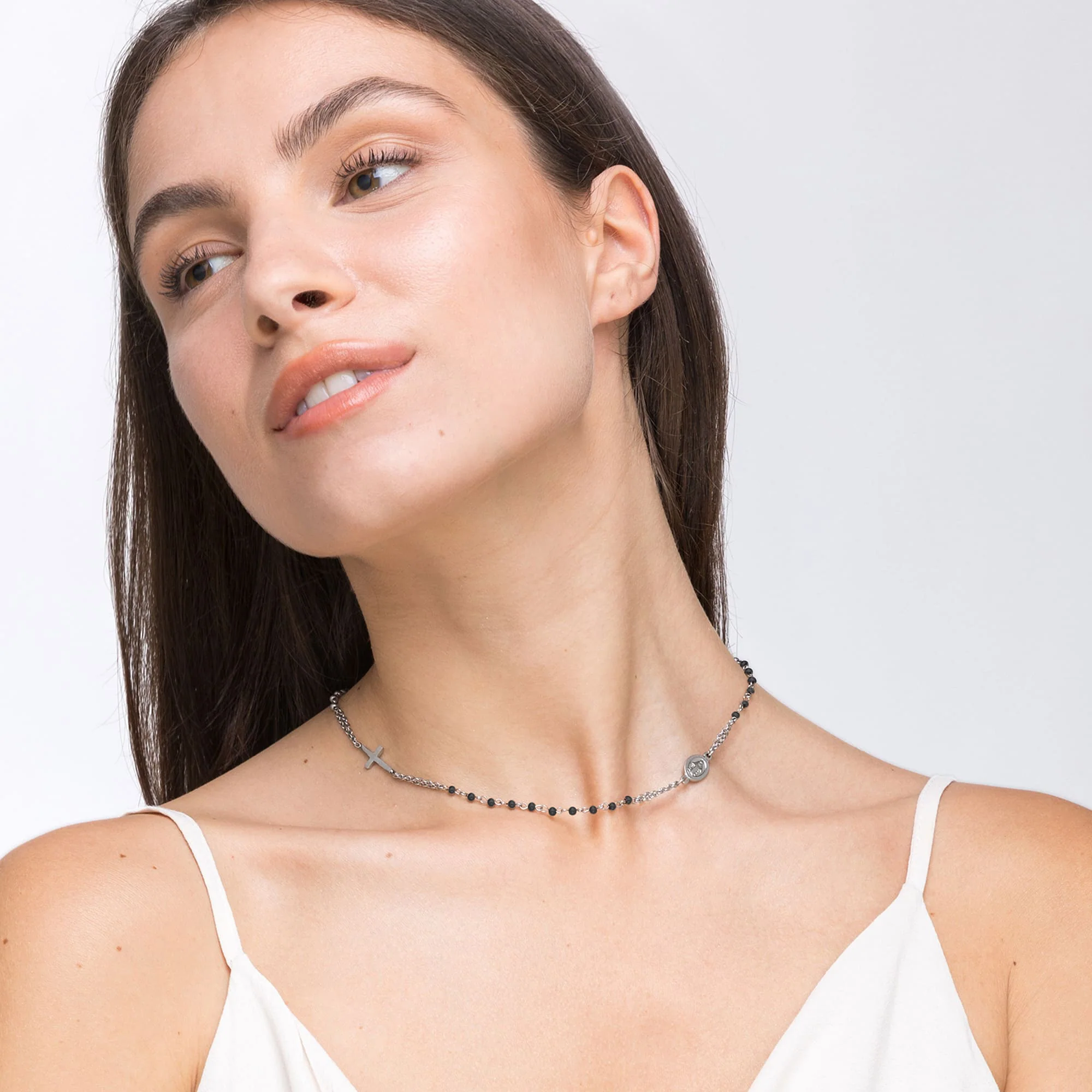 COLLANA DONNA ROSARIO IN ACCIAIO CON CRISTALLI NERI - Image 3