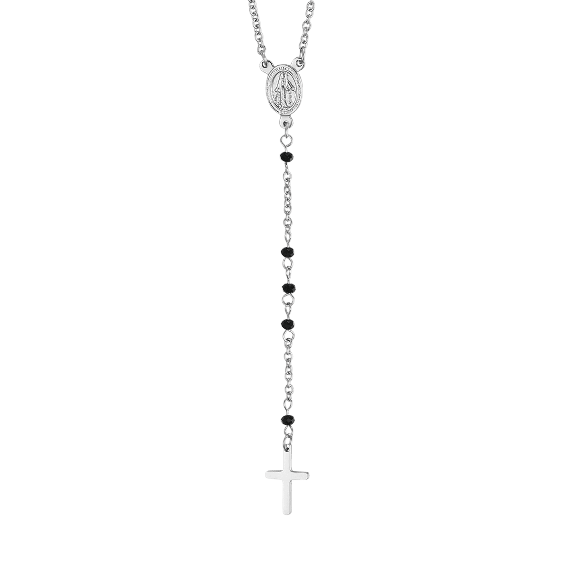 COLLANA DONNA ROSARIO IN ACCIAIO CON CRISTALLI NERI CON PENDENTE