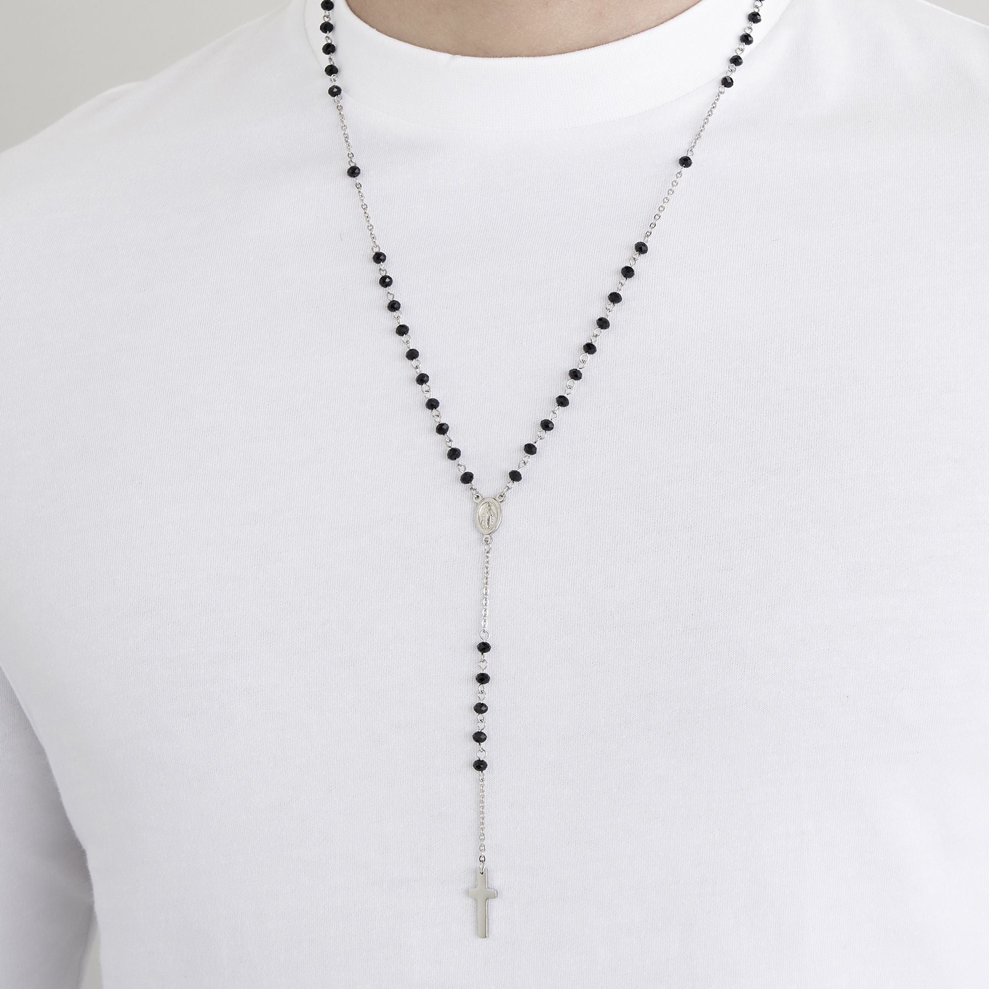 COLLANA UOMO ROSARIO IN ACCIAIO CON PIETRA LAVICA E PENDENTE - Image 2