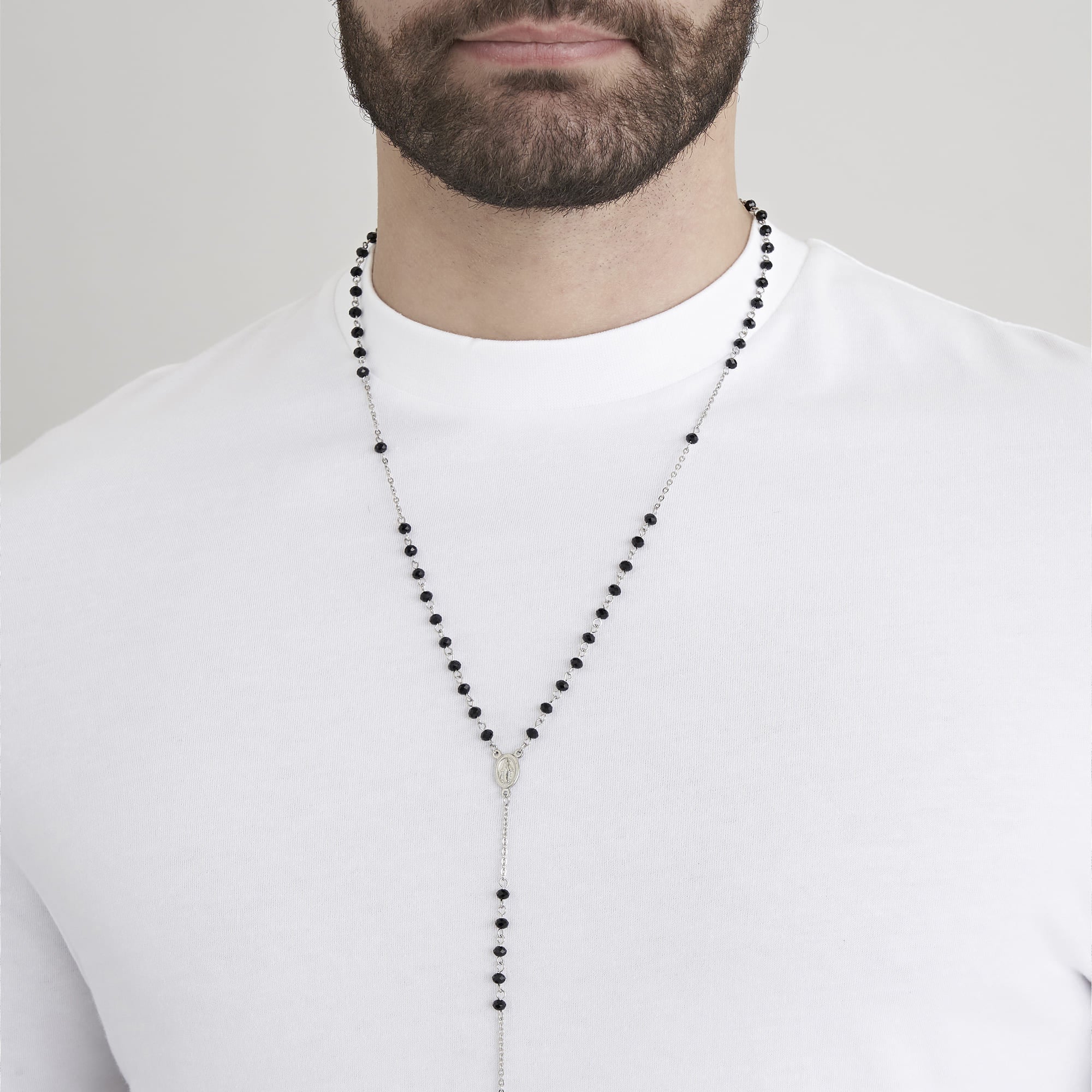 COLLANA UOMO ROSARIO IN ACCIAIO CON PIETRA LAVICA E PENDENTE - Image 3
