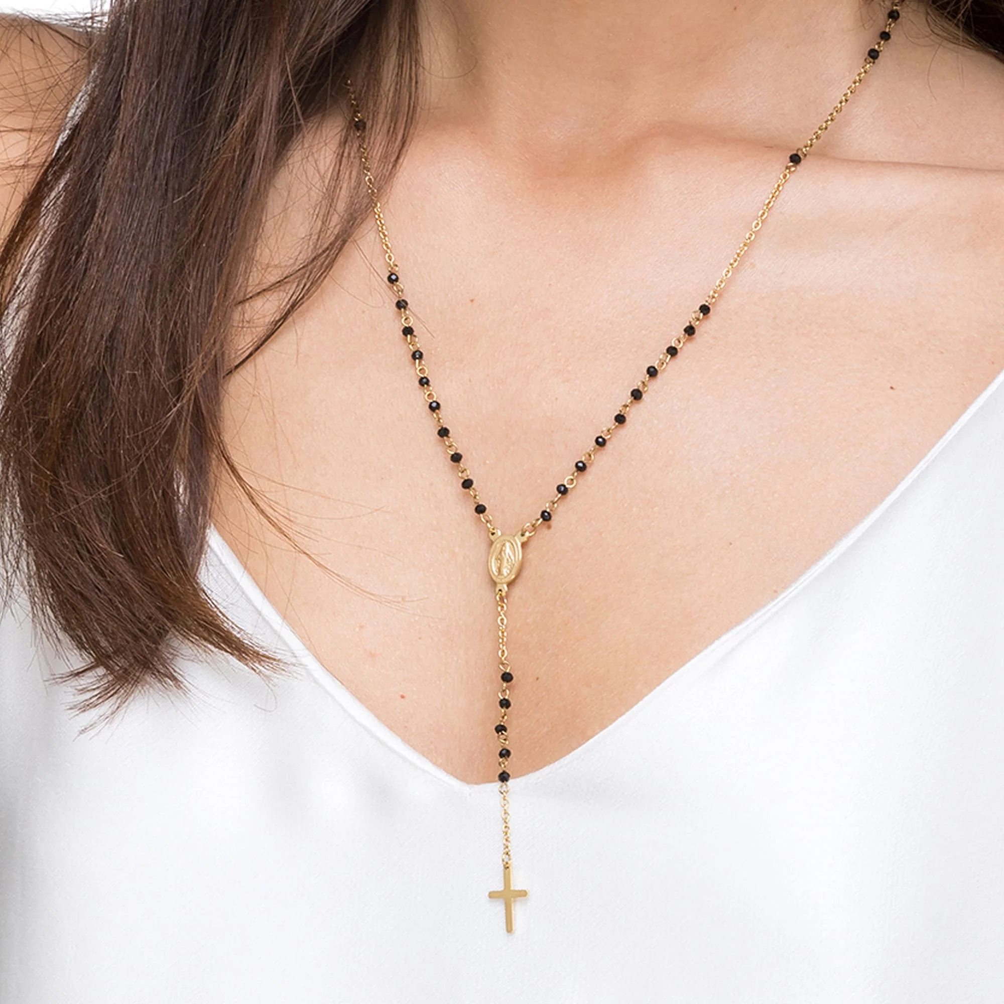 COLLANA DONNA ROSARIO IN ACCIAIO CON CRISTALLI NERI CON PENDENTE - Image 6