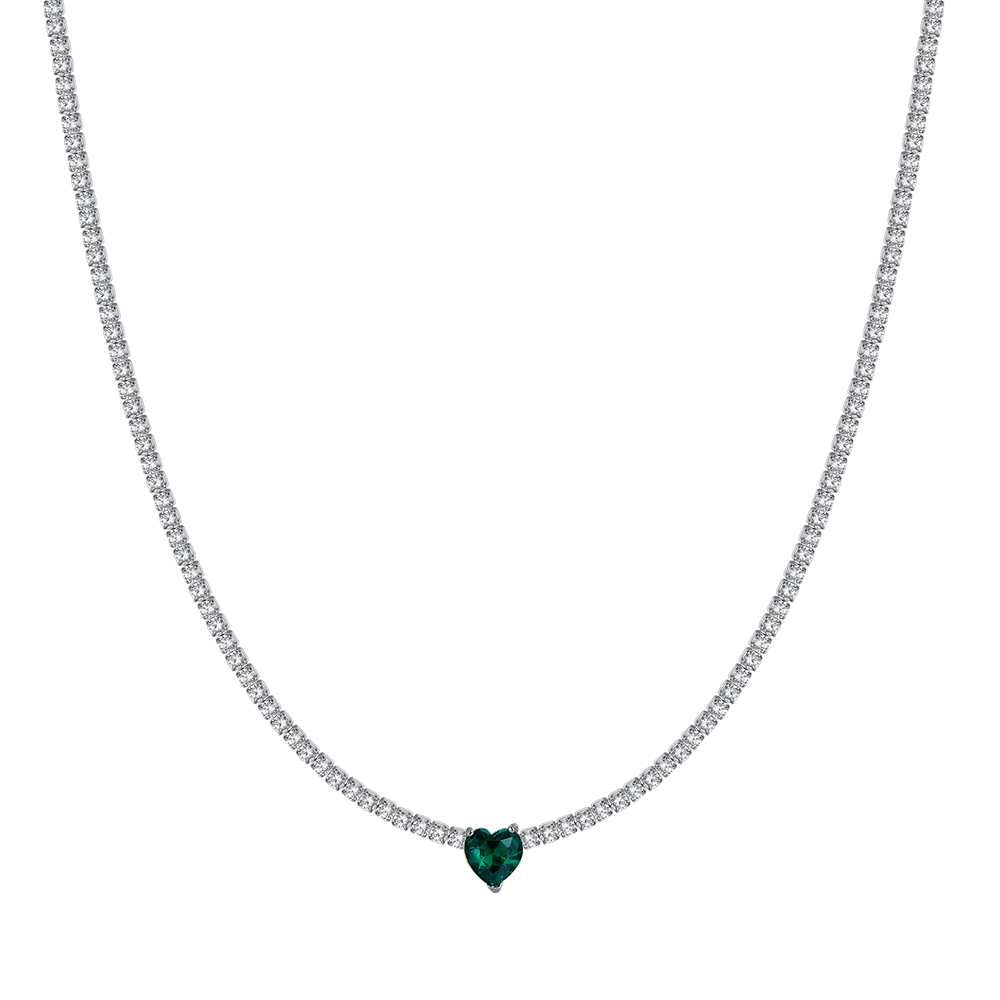 COLLANA TENNIS DONNA IN ACCIAIO CON CRISTALLI BIANCHI E CUORE CRISTALLO VERDE