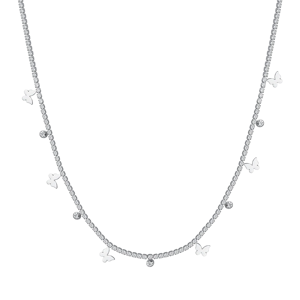 COLLANA TENNIS DONNA IN ACCIAIO CON CRISTALLI BIANCHI E FARFALLE