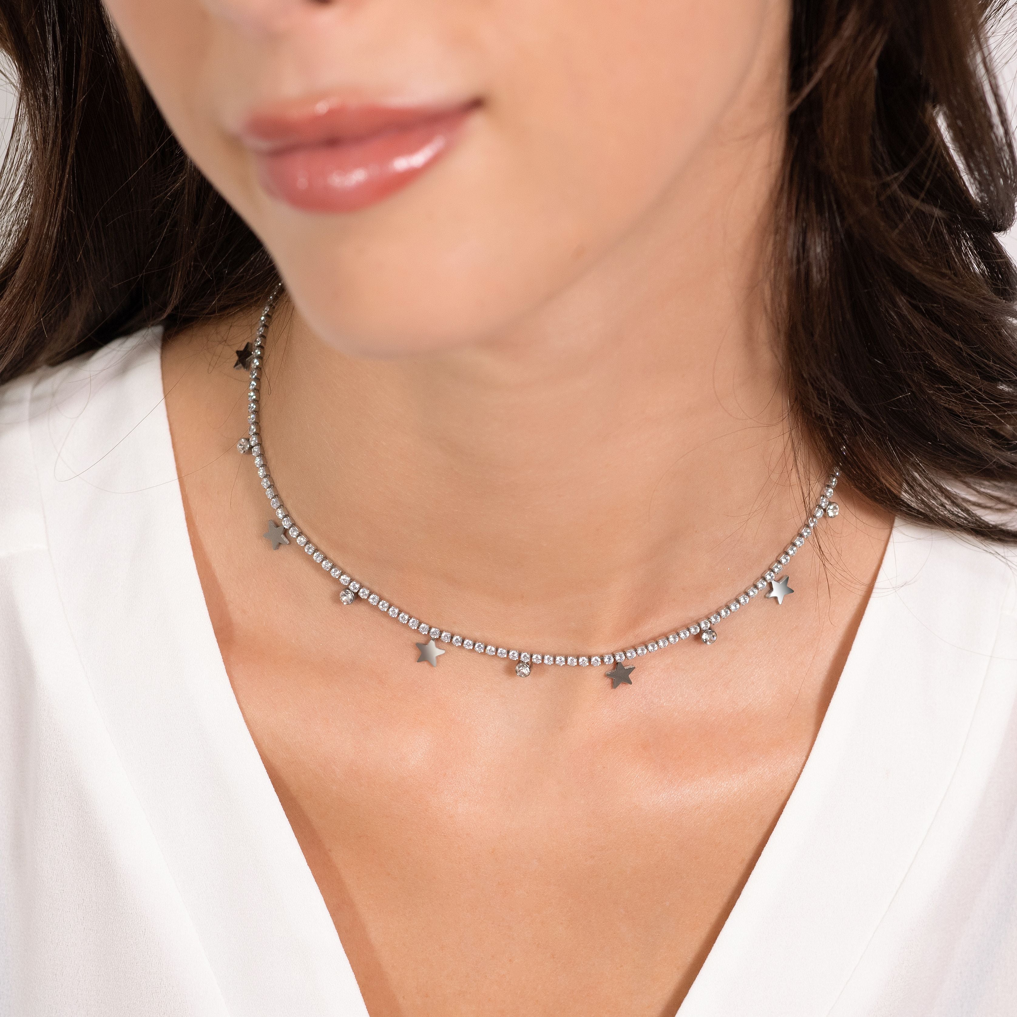 COLLANA TENNIS DONNA IN ACCIAIO CON CRISTALLI BIANCHI E STELLE - Image 2