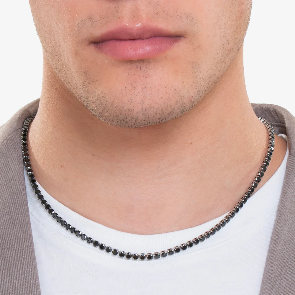 COLLANA TENNIS UOMO IN ACCIAIO CON CRISTALLI NERI - Image 2