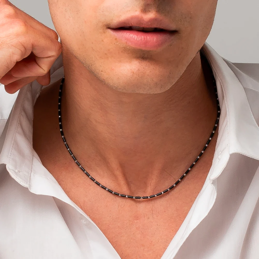 COLLANA UOMO IN ACCIAIO CON AGATA NERA ED EMATITE - Image 2