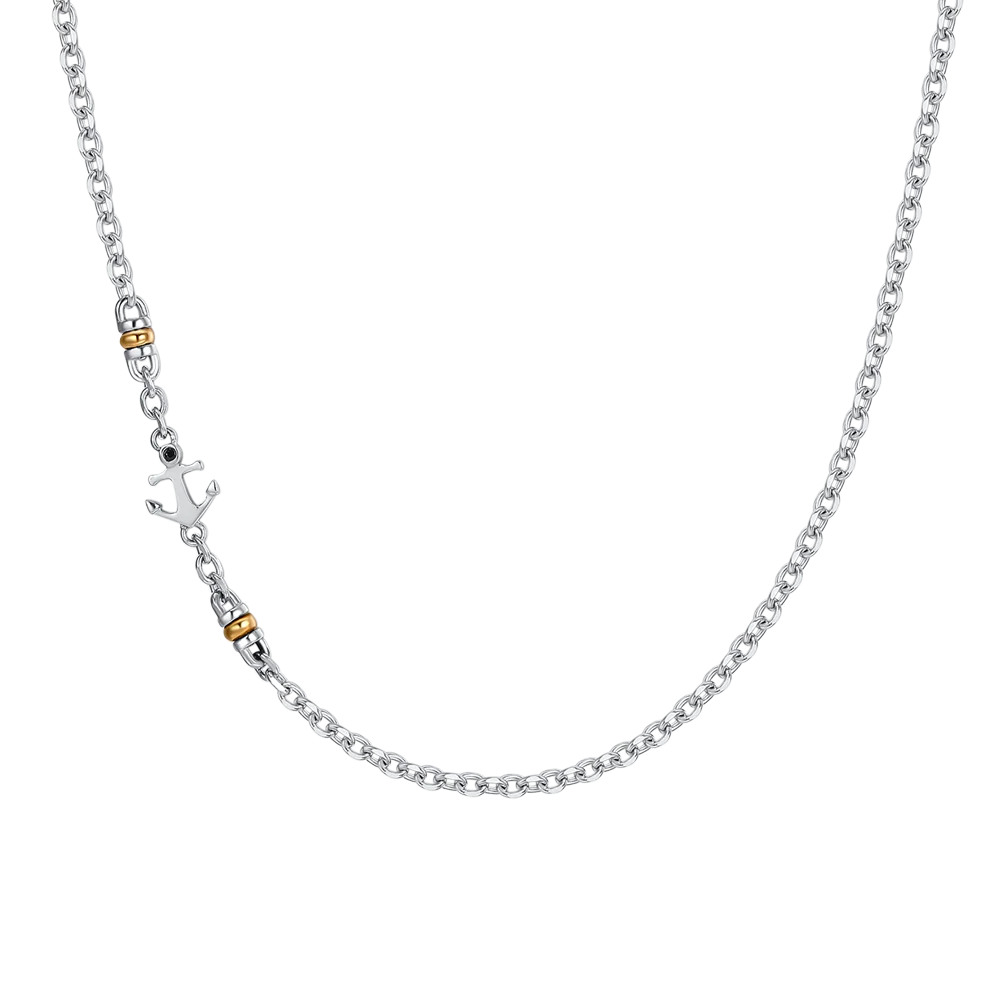 COLLANA UOMO IN ACCIAIO CON ANCORA, ZIRCONE NERO ED ELEMENTI IN IP GOLD