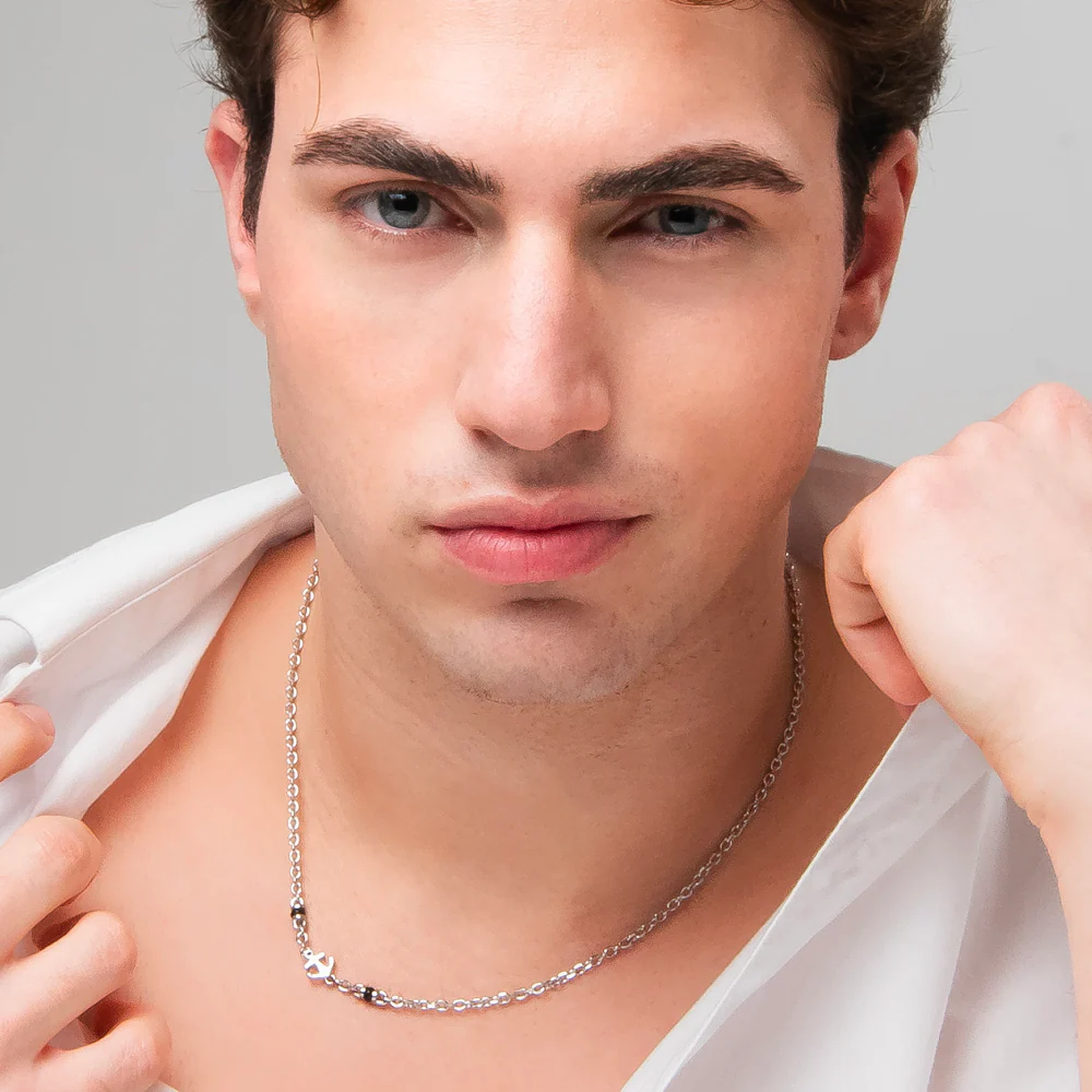 COLLANA UOMO IN ACCIAIO CON ANCORA, ZIRCONE NERO ED ELEMENTI IN IP NERO - Image 3