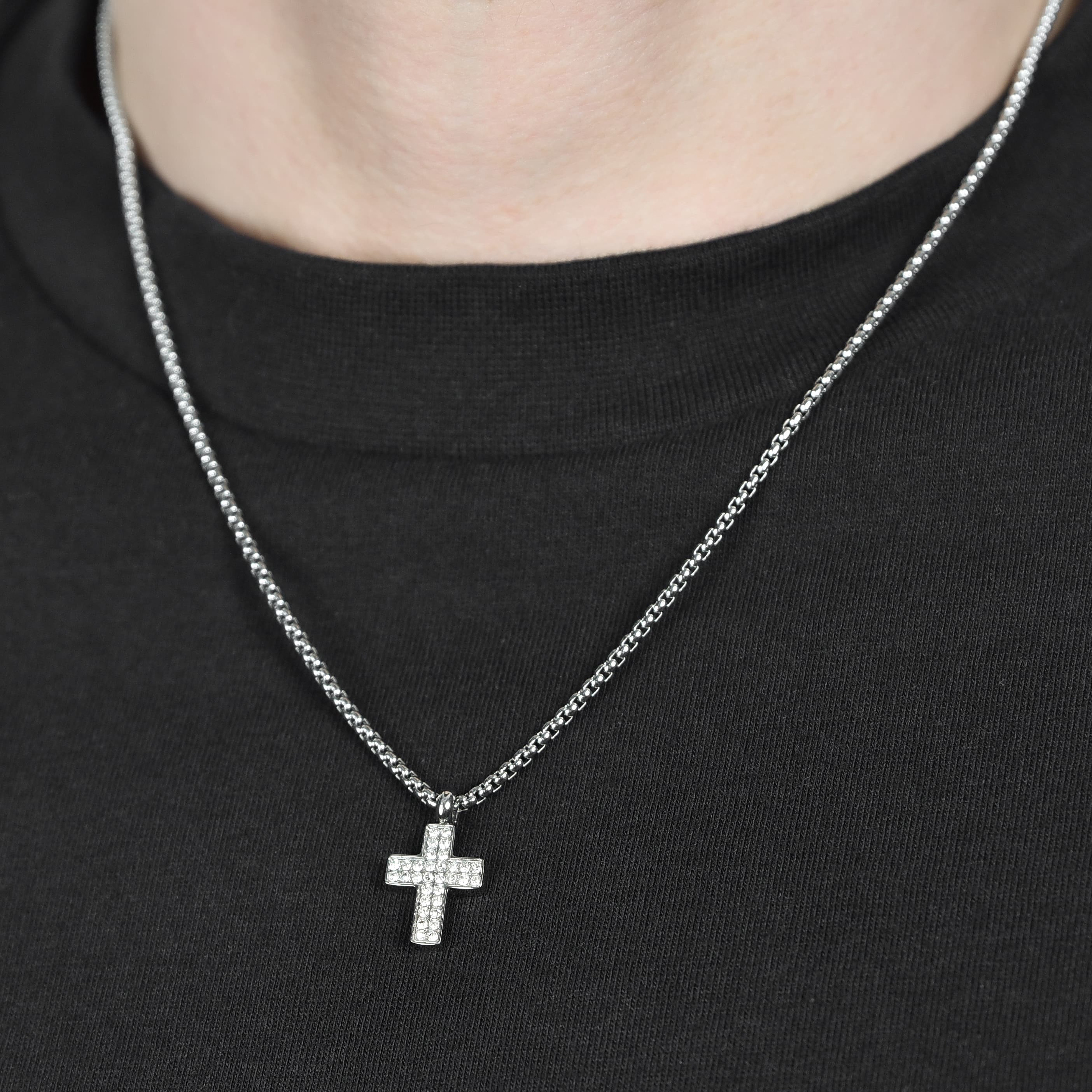 COLLANA UOMO IN ACCIAIO CON CROCE CON CRISTALLI BIANCHI - Image 2