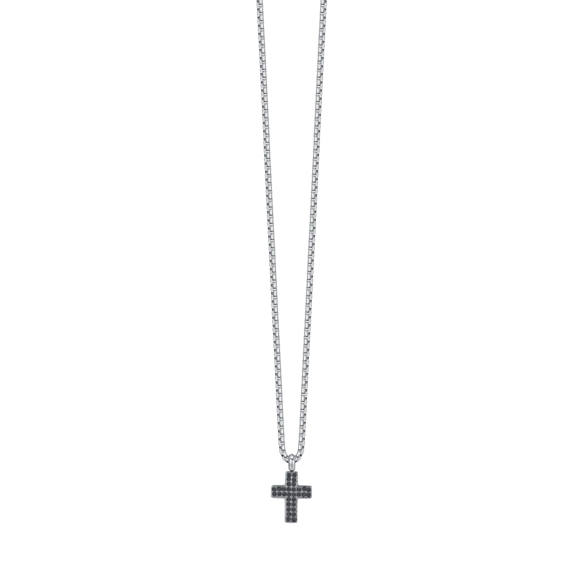 COLLANA UOMO IN ACCIAIO CON CROCE CON CRISTALLI NERI
