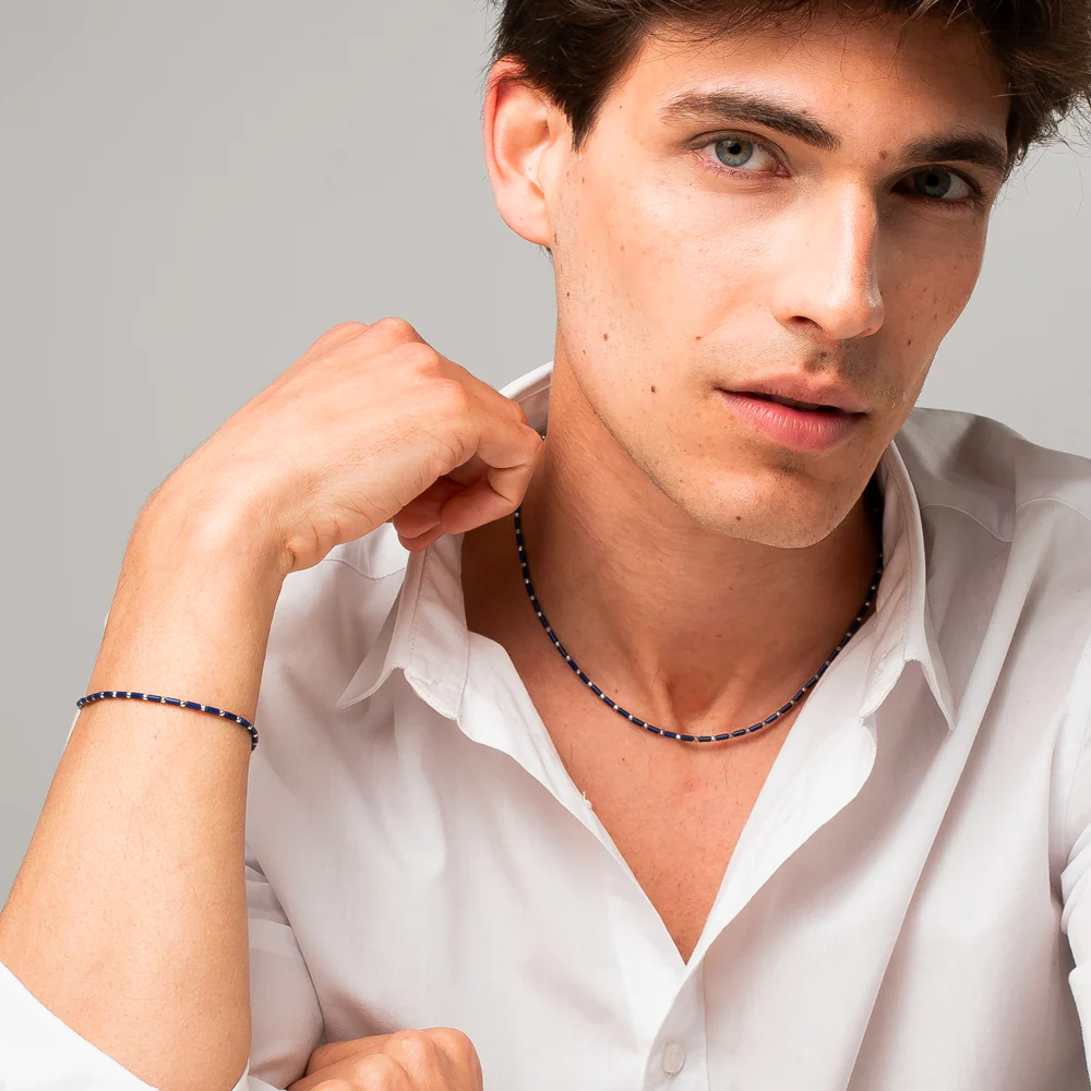COLLANA UOMO IN ACCIAIO CON PIETRA LAPIS ED EMATITE - Image 4