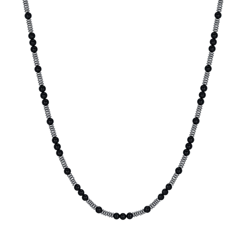 COLLANA UOMO IN ACCIAIO CON PIETRE NERE ED ELEMENTI IN ACCIAIO