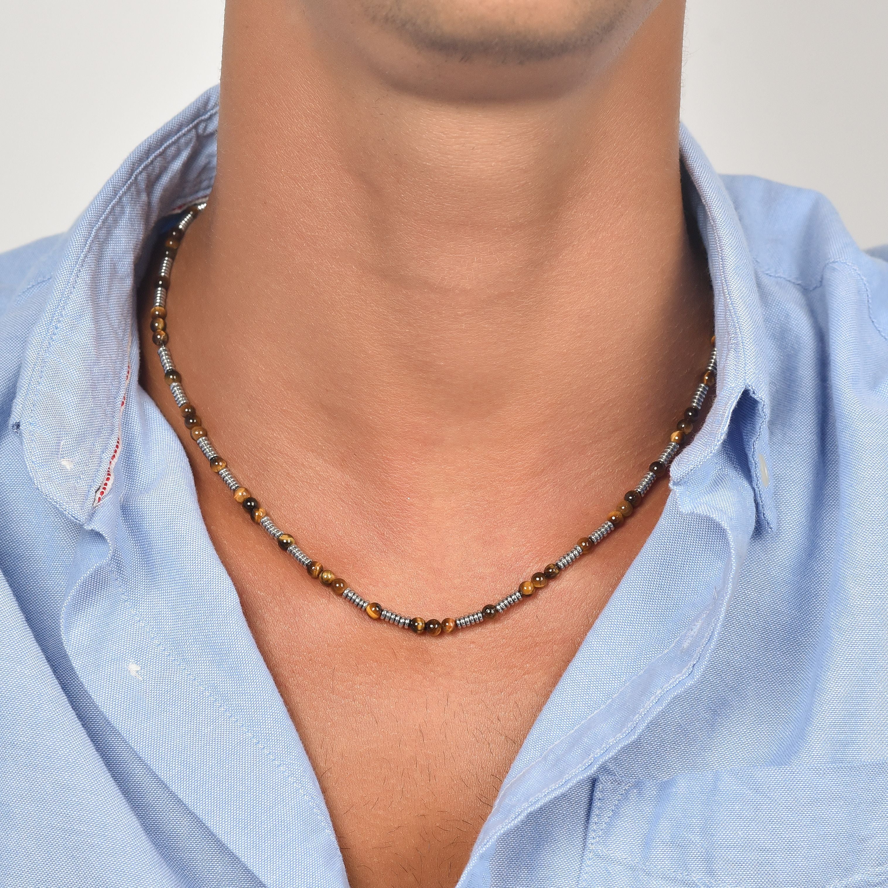 COLLANA UOMO IN ACCIAIO CON PIETRE OCCHIO DI TIGRE ED ELEMENTI IN ACCIAIO - Image 2